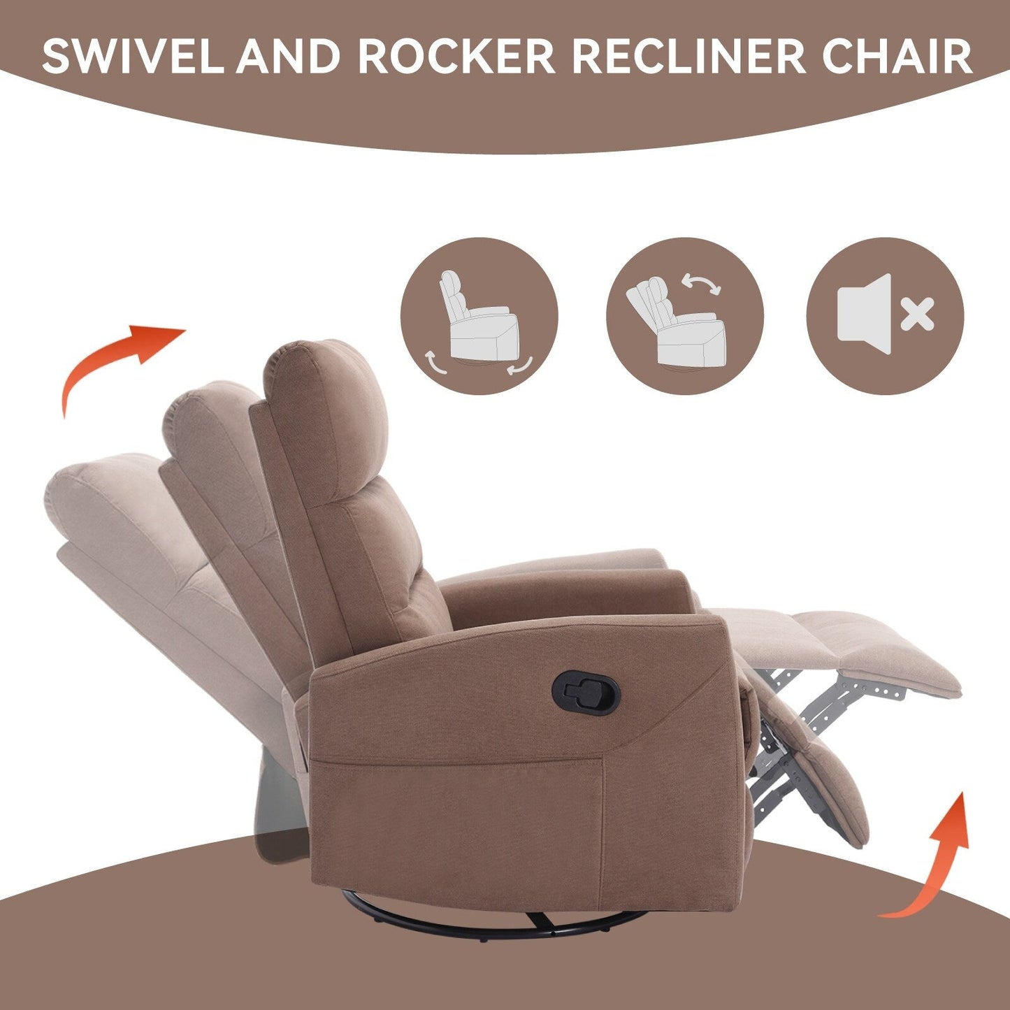 Fabric Rocker Recliner Chair with 360° Swivel Base, Manual Reclining Armchair with Side Lever, Comfortable Lounge Chair