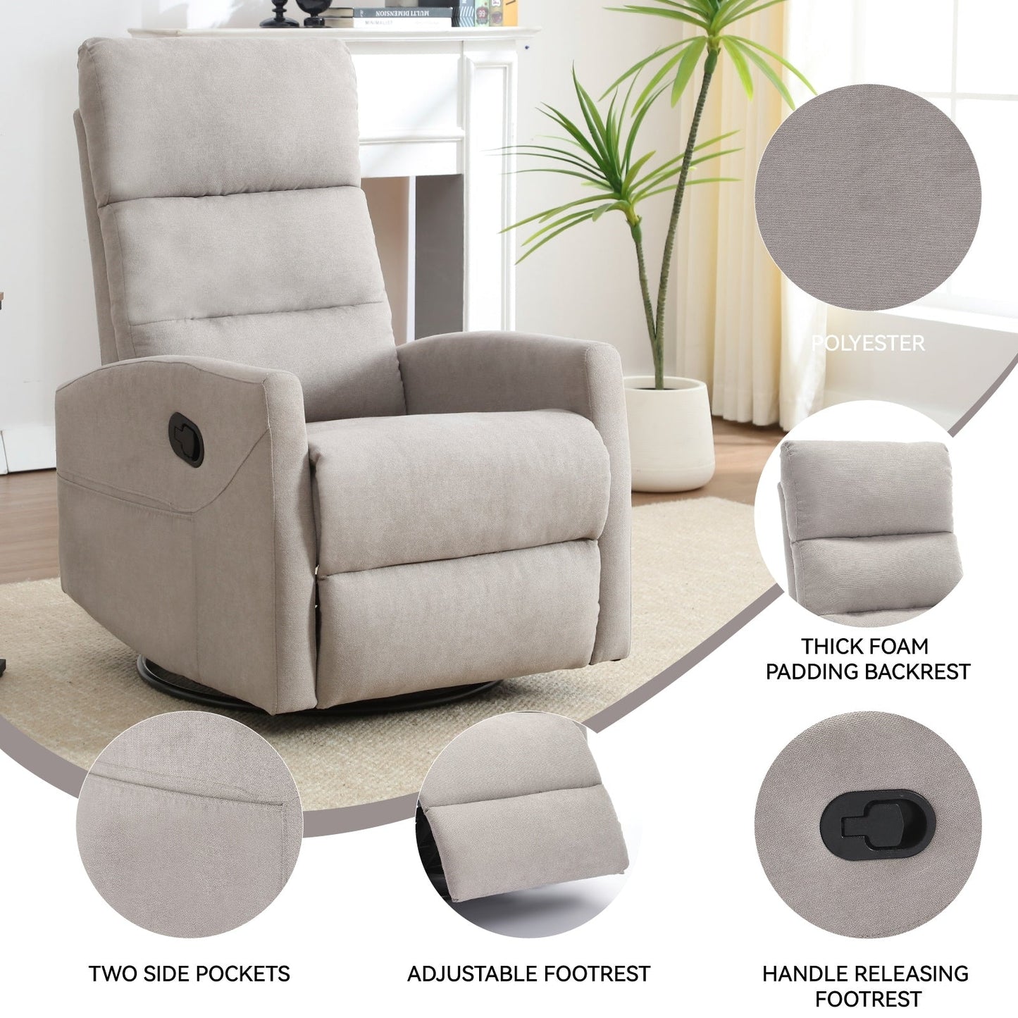 Fabric Rocker Recliner Chair with 360° Swivel Base, Manual Reclining Armchair with Side Lever, Comfortable Lounge Chair
