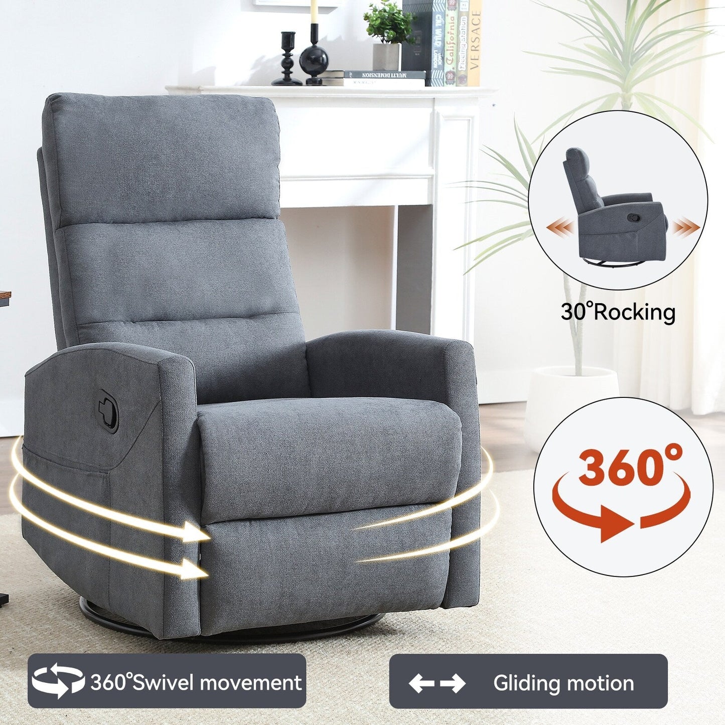 Fabric Rocker Recliner Chair with 360° Swivel Base, Manual Reclining Armchair with Side Lever, Comfortable Lounge Chair