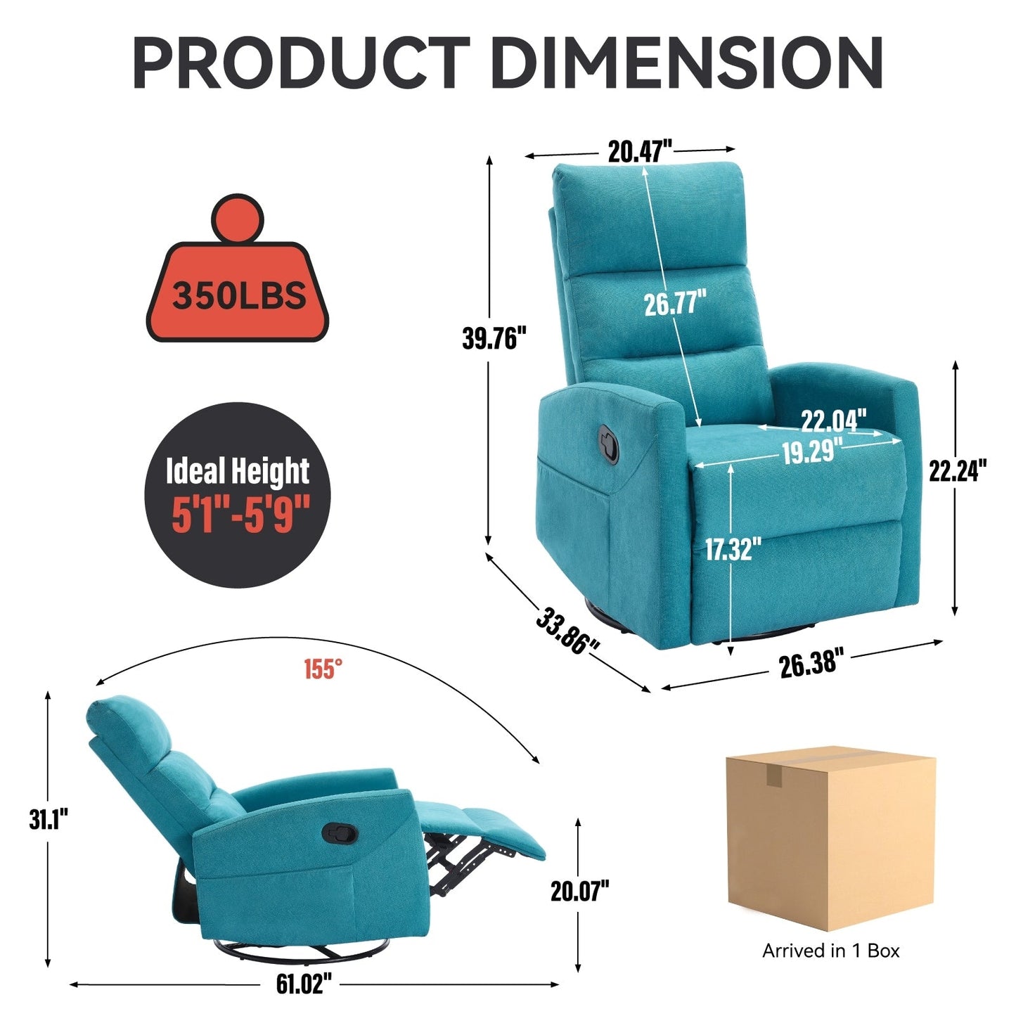 Fabric Rocker Recliner Chair with 360° Swivel Base, Manual Reclining Armchair with Side Lever, Comfortable Lounge Chair