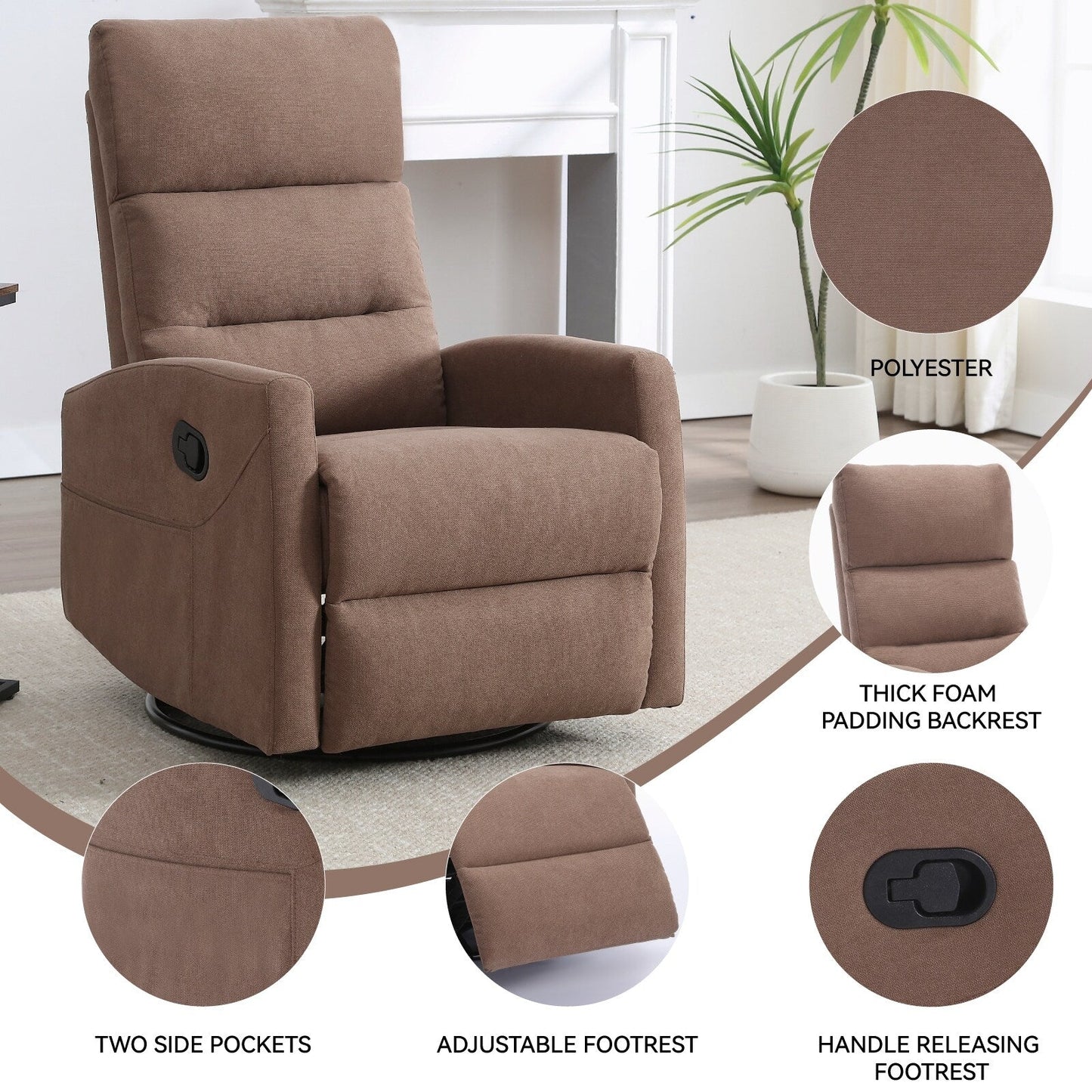 Fabric Rocker Recliner Chair with 360° Swivel Base, Manual Reclining Armchair with Side Lever, Comfortable Lounge Chair