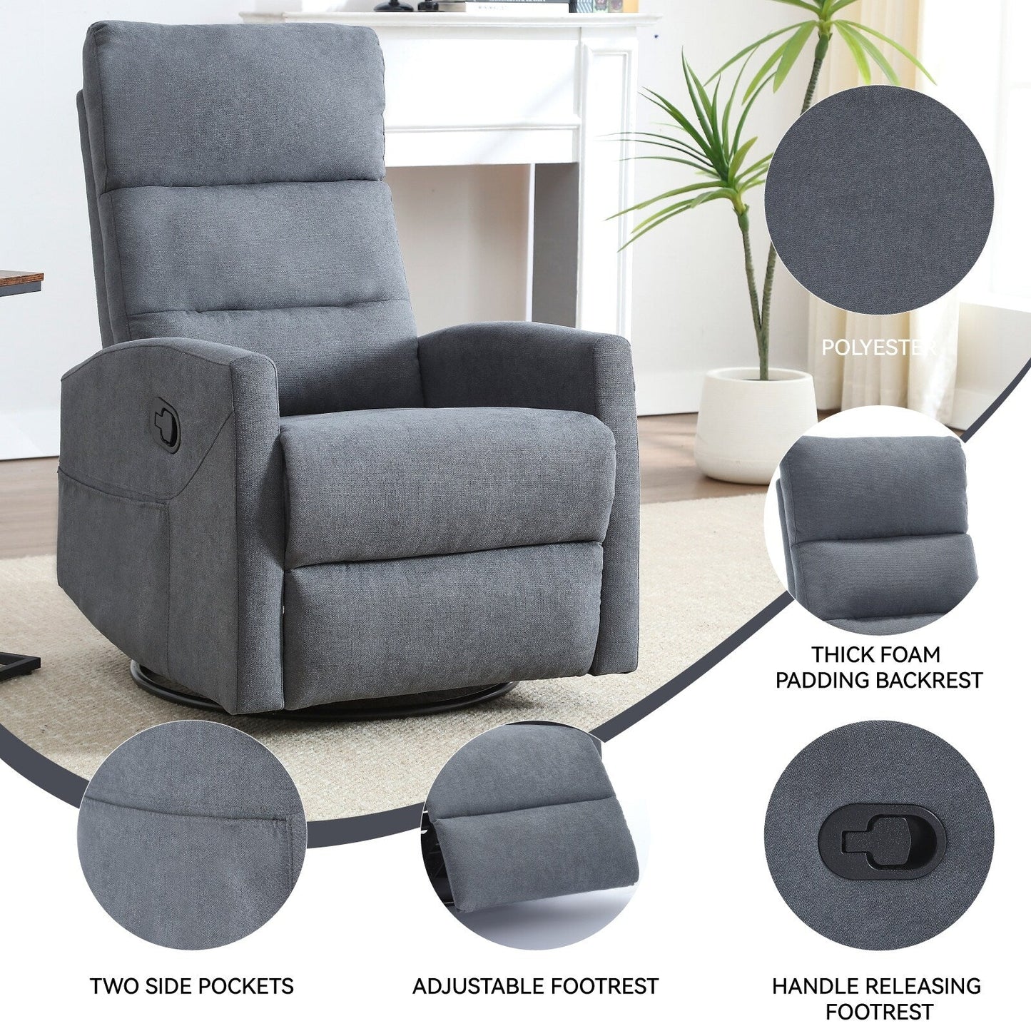 Fabric Rocker Recliner Chair with 360° Swivel Base, Manual Reclining Armchair with Side Lever, Comfortable Lounge Chair