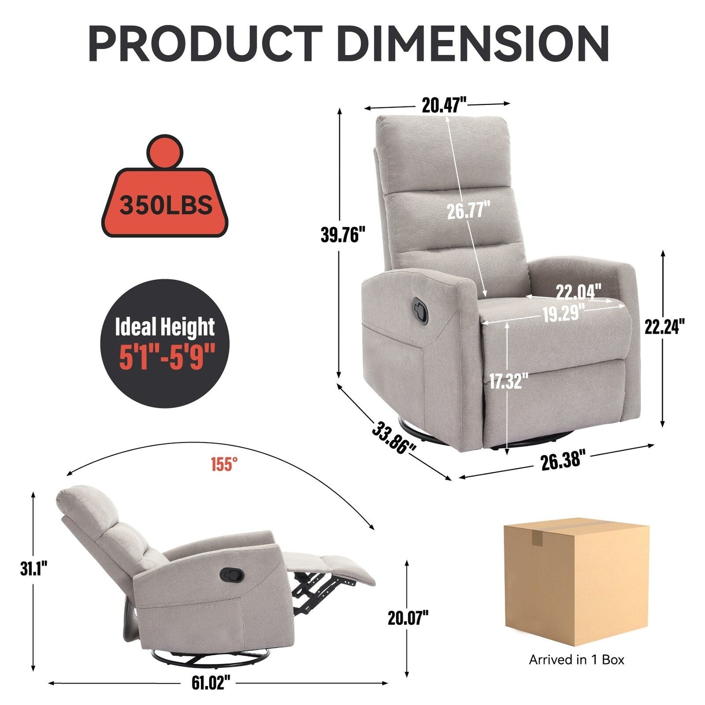 Fabric Rocker Recliner Chair with 360° Swivel Base, Manual Reclining Armchair with Side Lever, Comfortable Lounge Chair