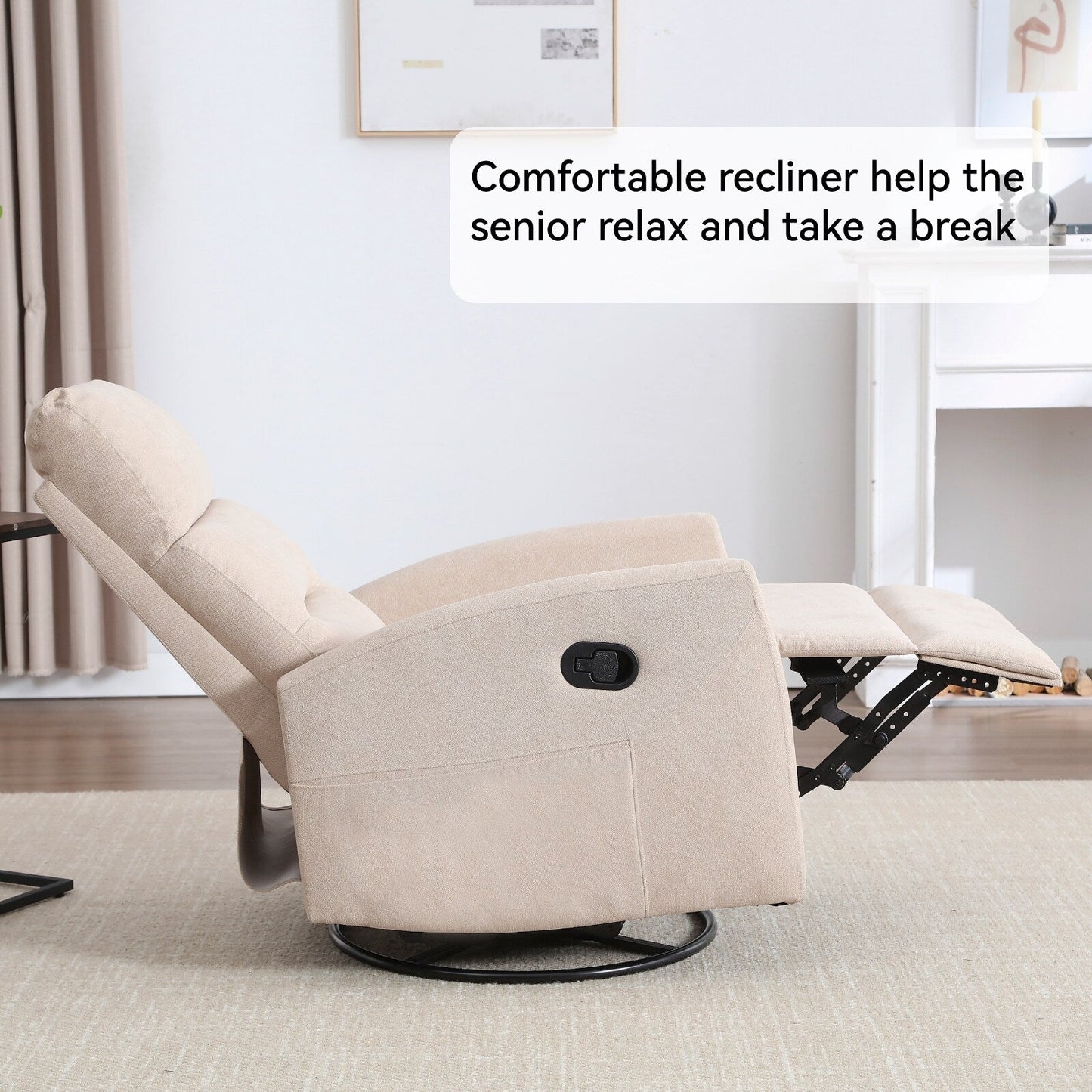 Fabric Rocker Recliner Chair with 360° Swivel Base, Manual Reclining Armchair with Side Lever, Comfortable Lounge Chair