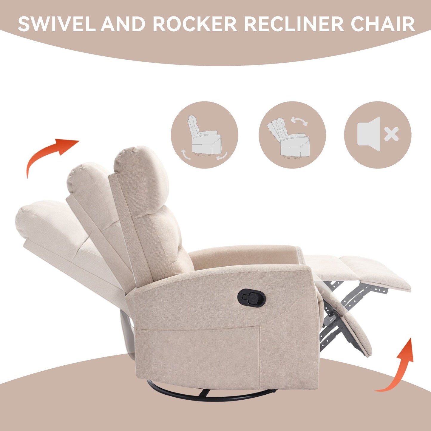 Fabric Rocker Recliner Chair with 360° Swivel Base, Manual Reclining Armchair with Side Lever, Comfortable Lounge Chair
