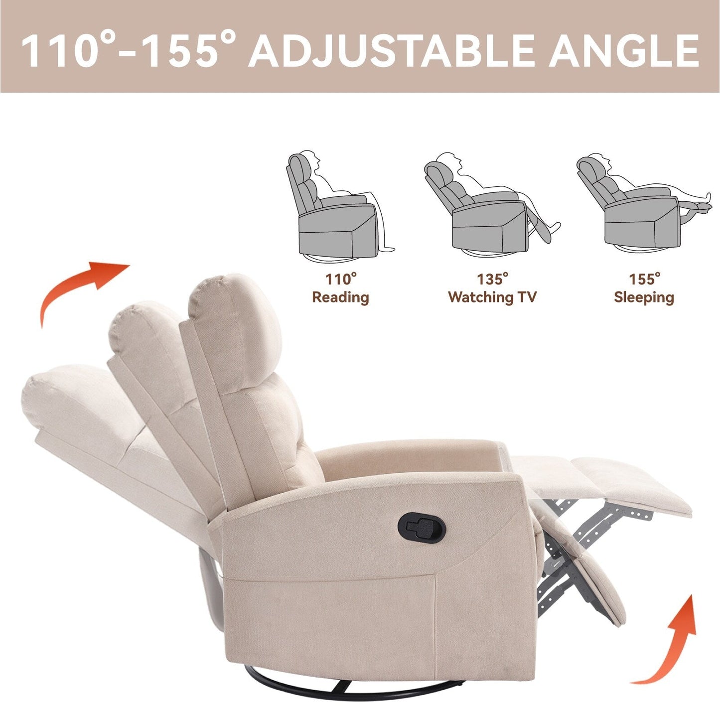 Fabric Rocker Recliner Chair with 360° Swivel Base, Manual Reclining Armchair with Side Lever, Comfortable Lounge Chair