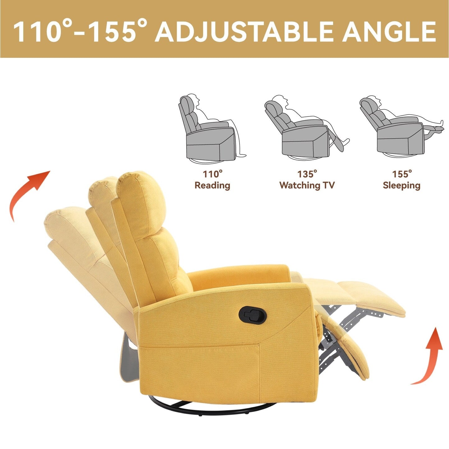 Fabric Rocker Recliner Chair with 360° Swivel Base, Manual Reclining Armchair with Side Lever, Comfortable Lounge Chair
