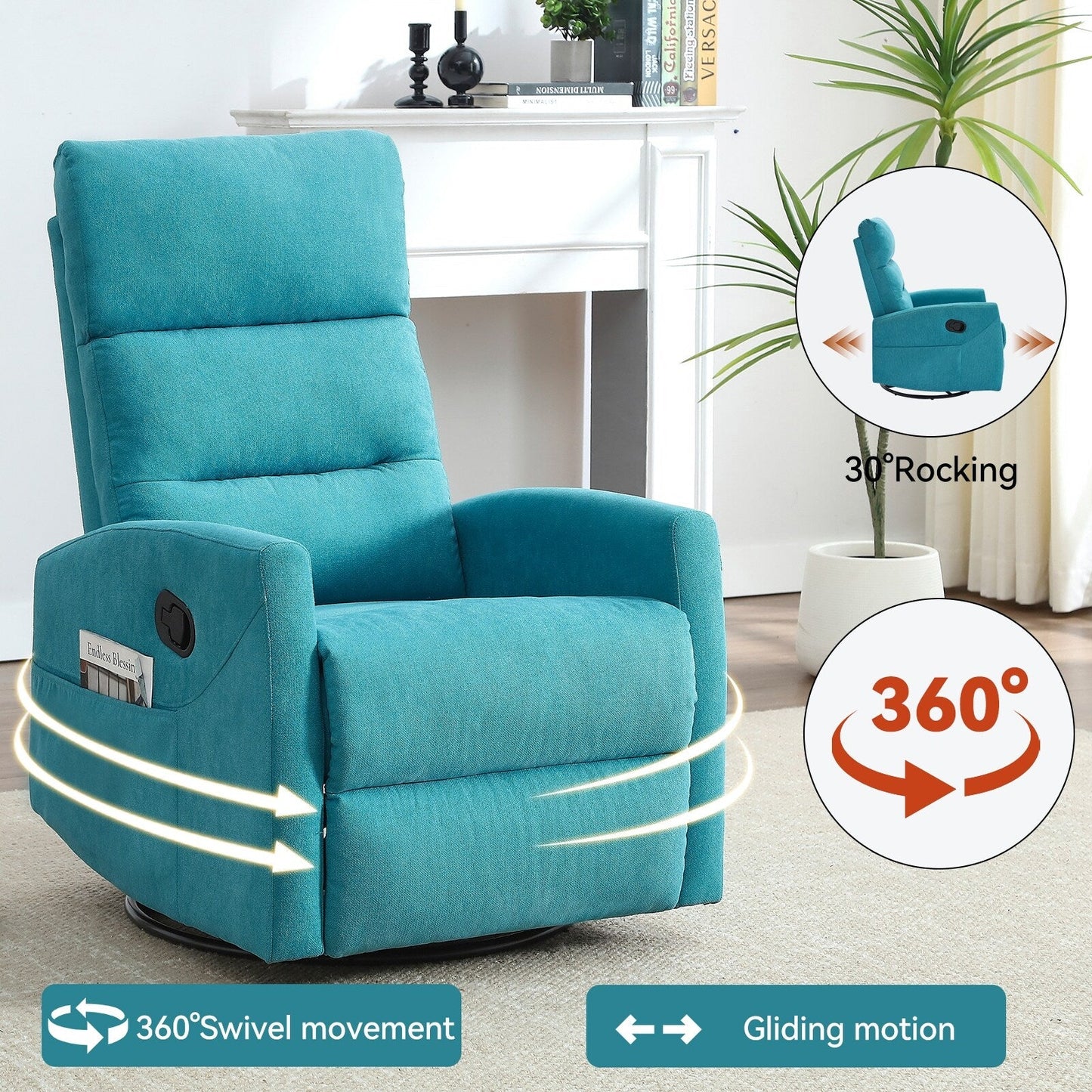 Fabric Rocker Recliner Chair with 360° Swivel Base, Manual Reclining Armchair with Side Lever, Comfortable Lounge Chair