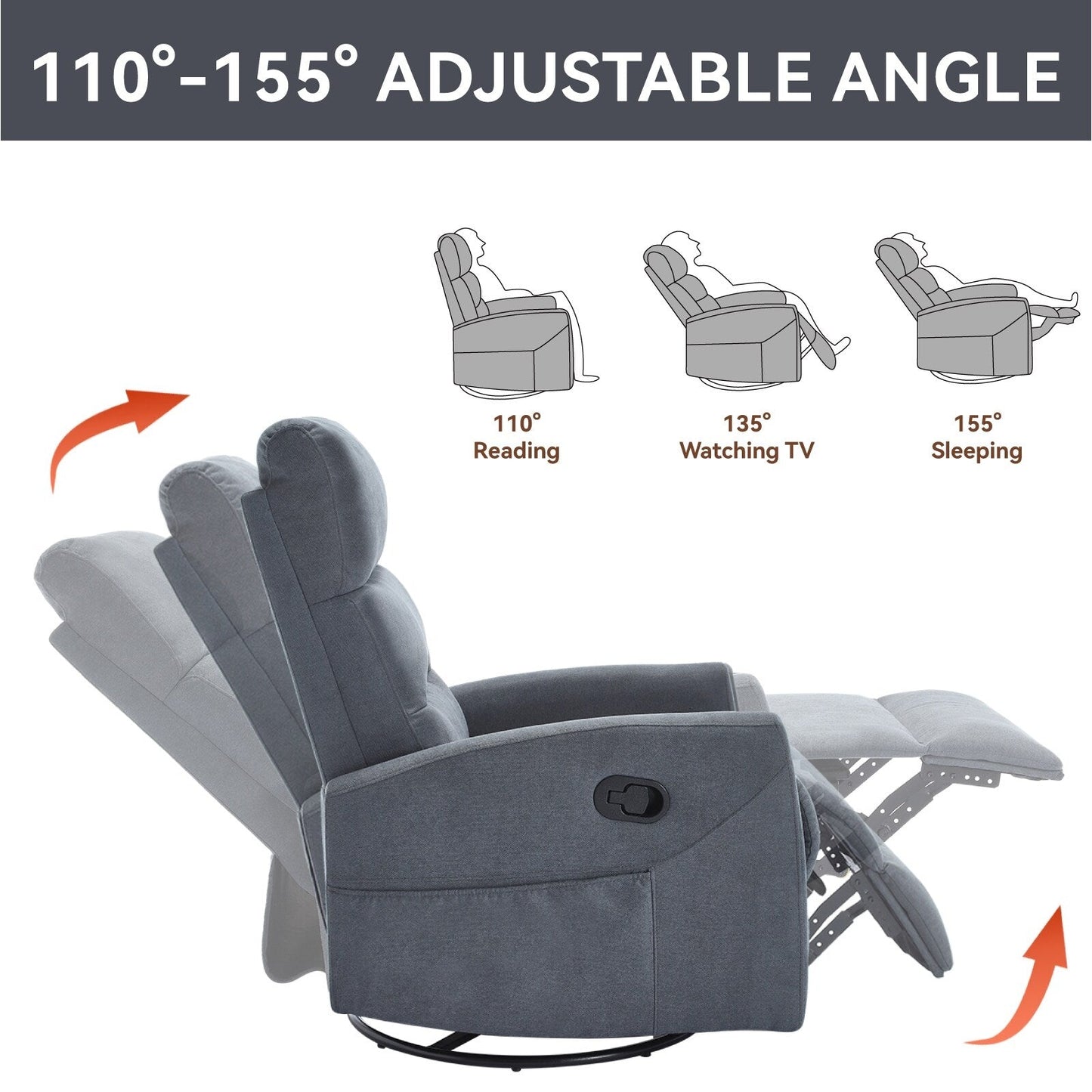 Fabric Rocker Recliner Chair with 360° Swivel Base, Manual Reclining Armchair with Side Lever, Comfortable Lounge Chair
