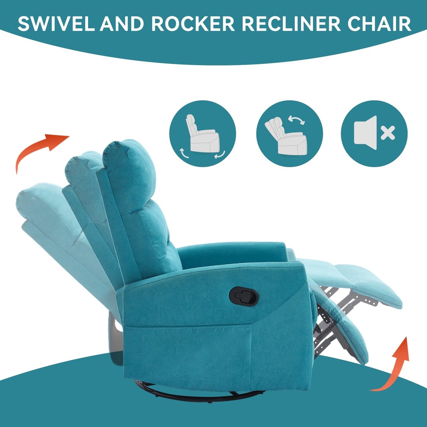 Fabric Rocker Recliner Chair with 360° Swivel Base, Manual Reclining Armchair with Side Lever, Comfortable Lounge Chair