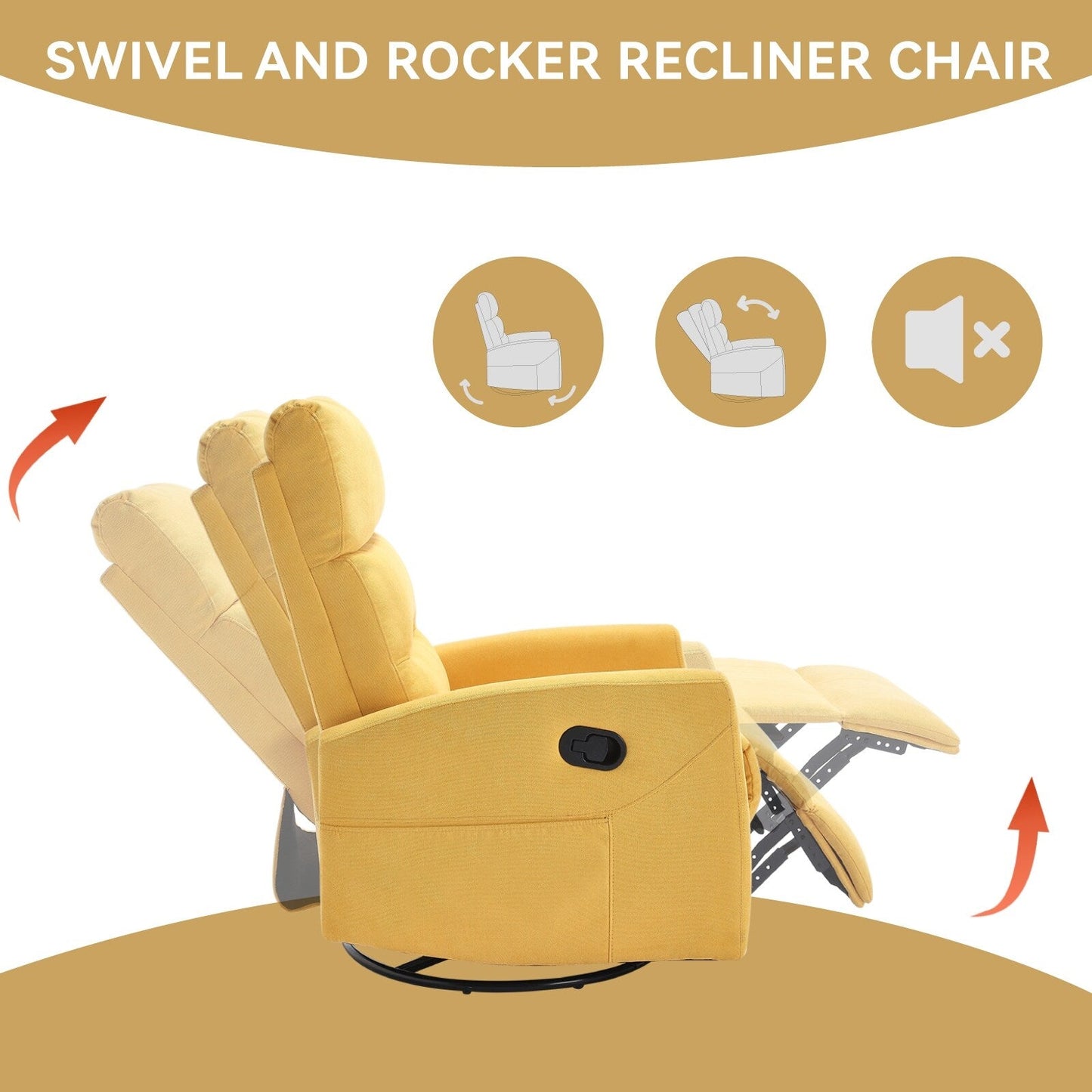 Fabric Rocker Recliner Chair with 360° Swivel Base, Manual Reclining Armchair with Side Lever, Comfortable Lounge Chair