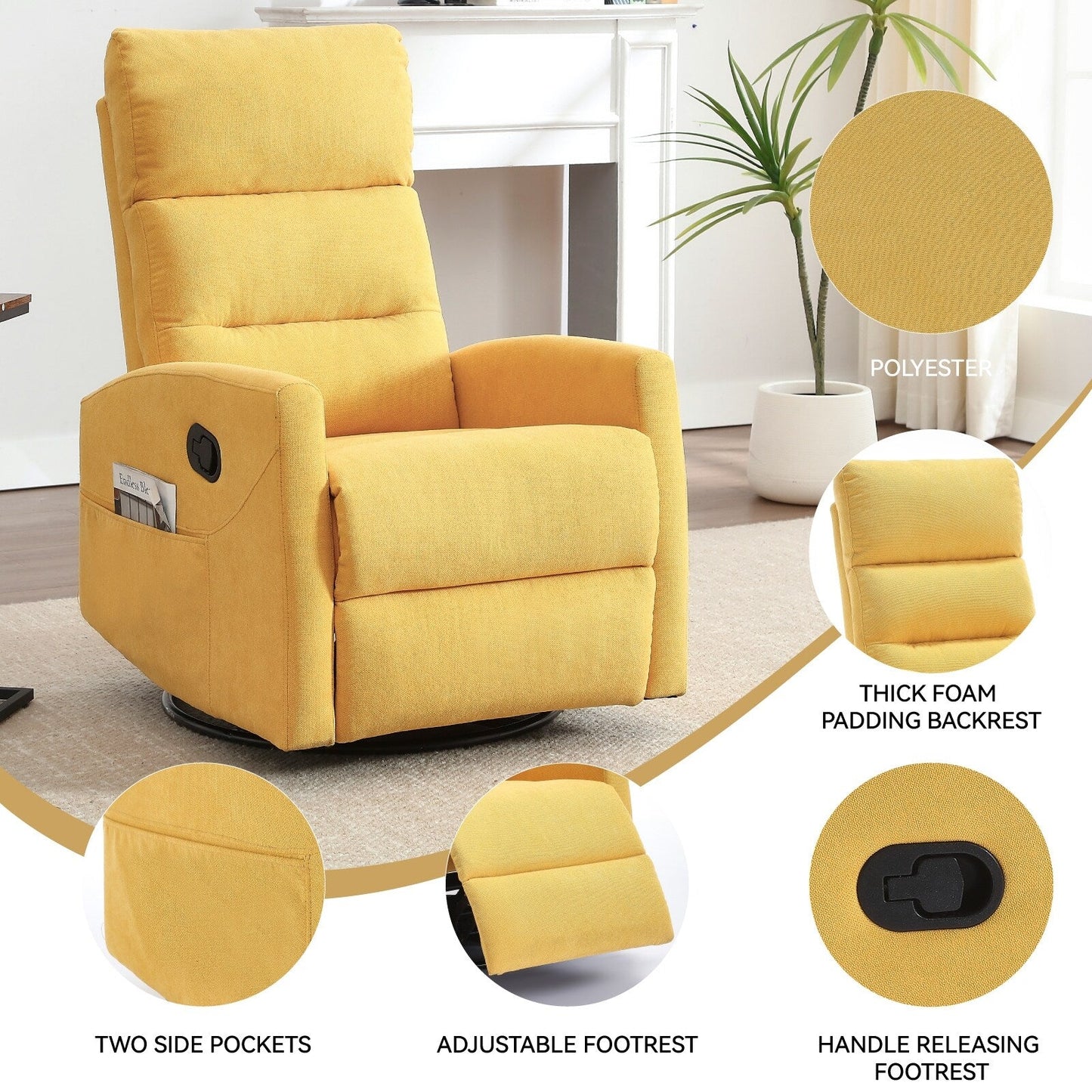 Fabric Rocker Recliner Chair with 360° Swivel Base, Manual Reclining Armchair with Side Lever, Comfortable Lounge Chair