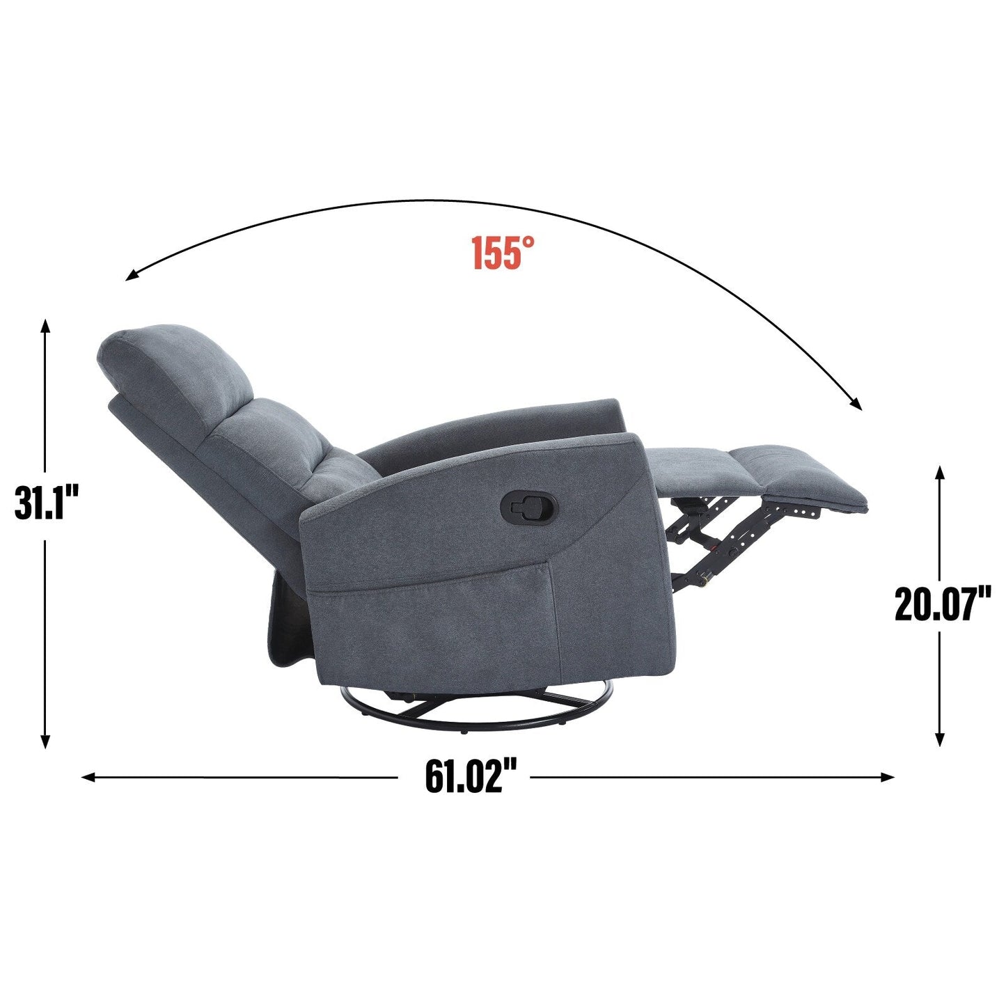 Fabric Rocker Recliner Chair with 360° Swivel Base, Manual Reclining Armchair with Side Lever, Comfortable Lounge Chair
