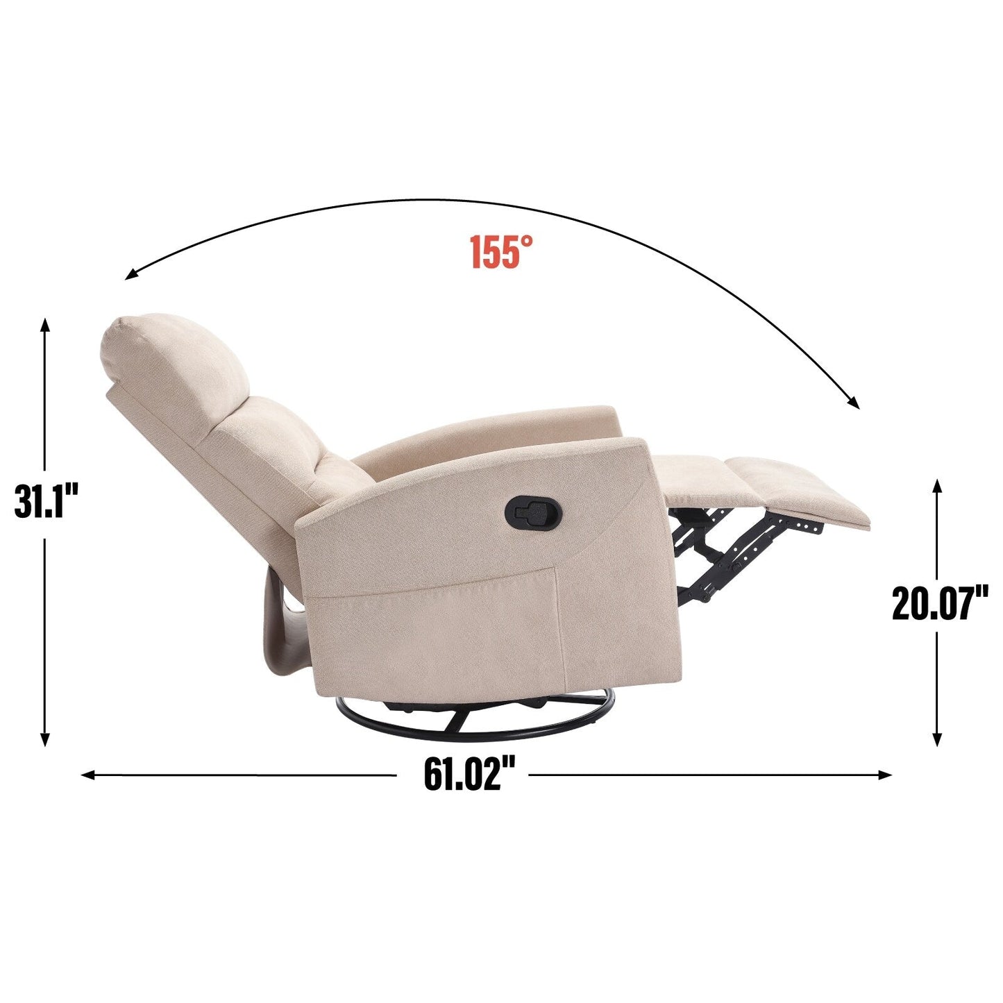 Fabric Rocker Recliner Chair with 360° Swivel Base, Manual Reclining Armchair with Side Lever, Comfortable Lounge Chair