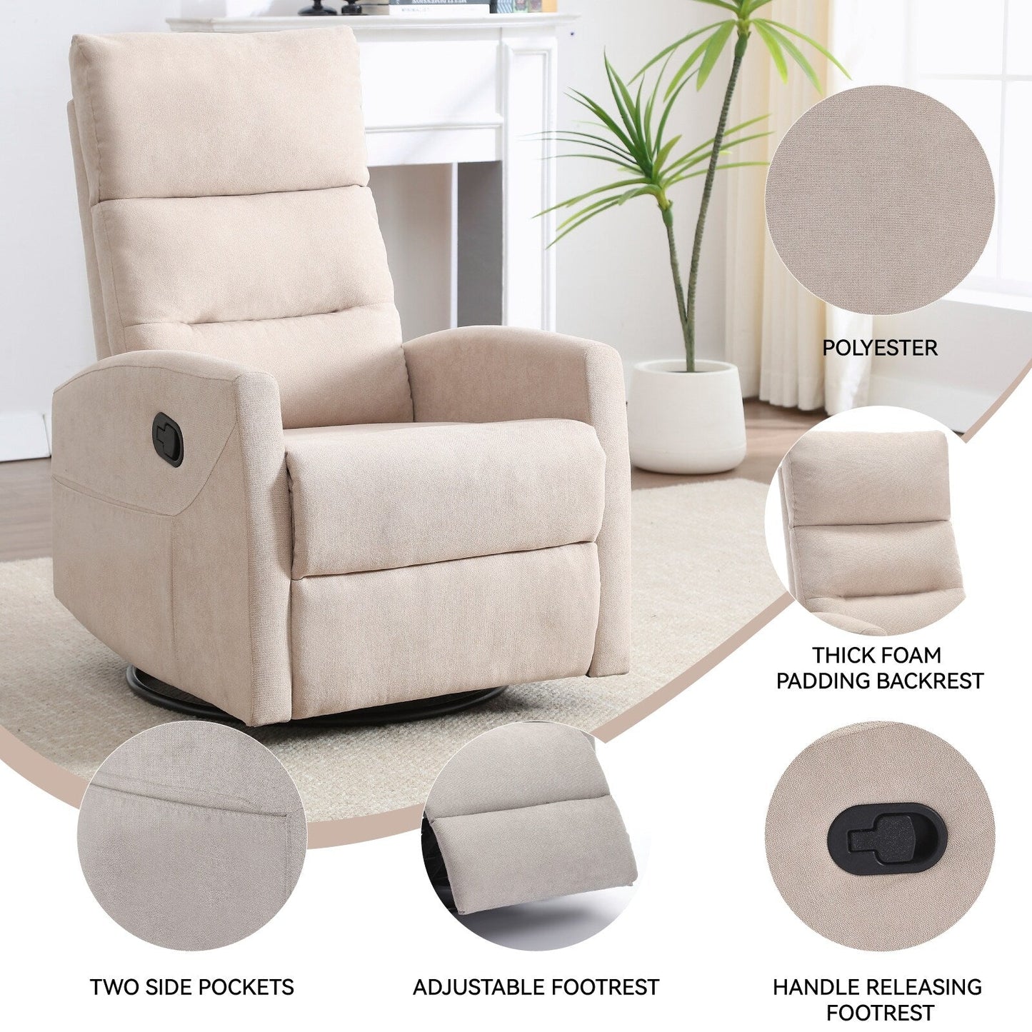 Fabric Rocker Recliner Chair with 360° Swivel Base, Manual Reclining Armchair with Side Lever, Comfortable Lounge Chair