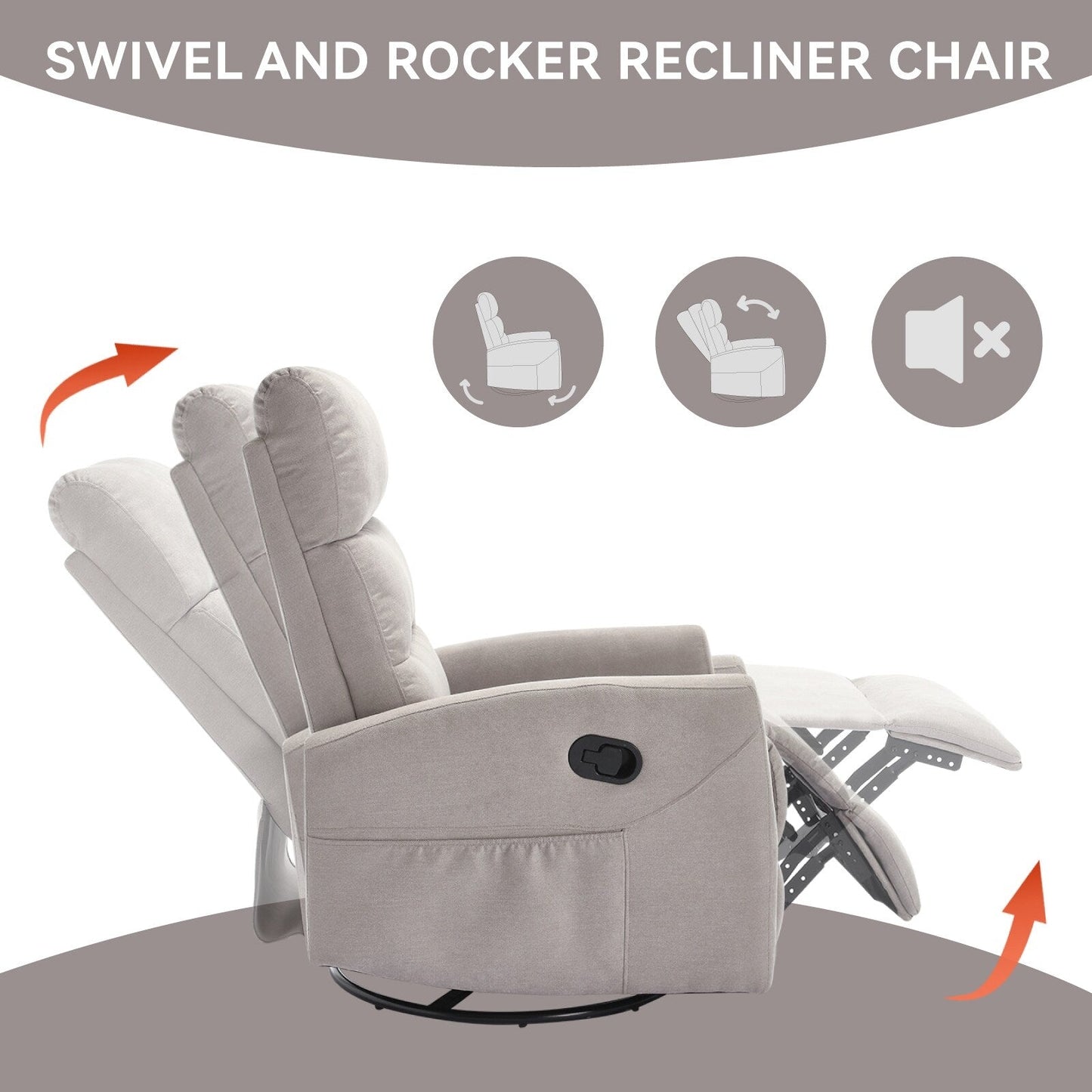 Fabric Rocker Recliner Chair with 360° Swivel Base, Manual Reclining Armchair with Side Lever, Comfortable Lounge Chair
