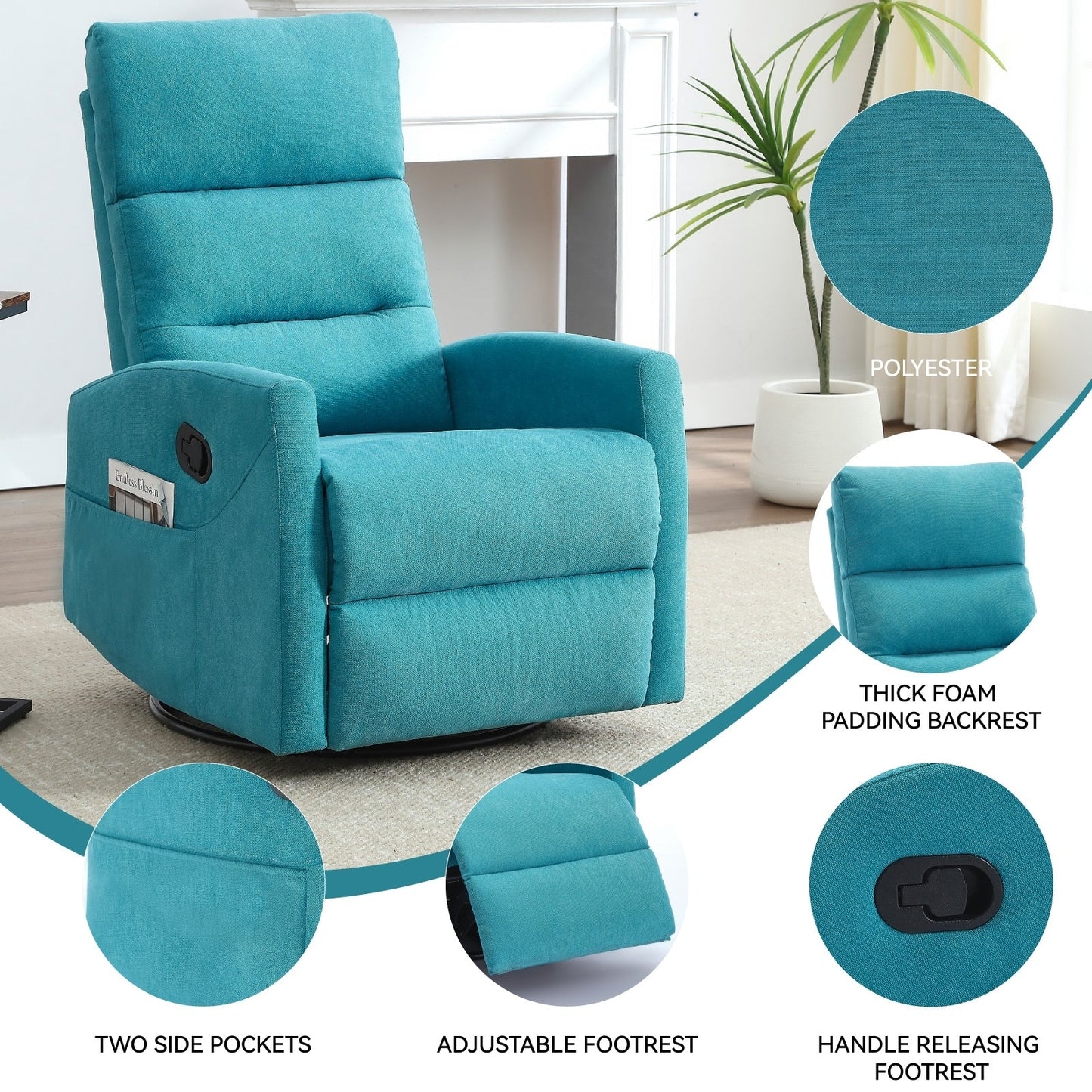 Fabric Rocker Recliner Chair with 360° Swivel Base, Manual Reclining Armchair with Side Lever, Comfortable Lounge Chair