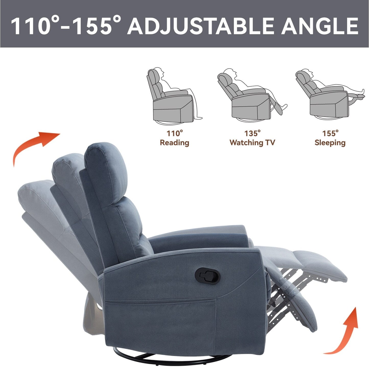 Fabric Rocker Recliner Chair with 360° Swivel Base, Manual Reclining Armchair with Side Lever, Comfortable Lounge Chair