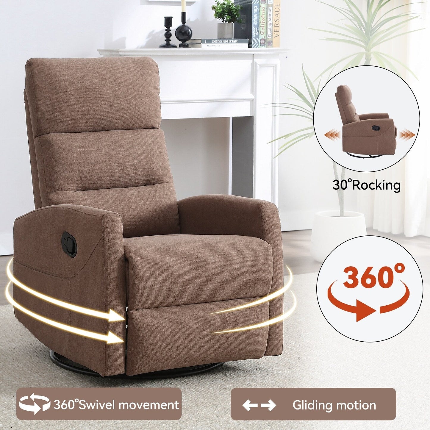 Fabric Rocker Recliner Chair with 360° Swivel Base, Manual Reclining Armchair with Side Lever, Comfortable Lounge Chair