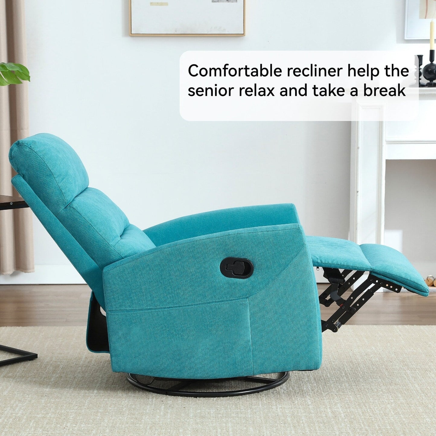 Fabric Rocker Recliner Chair with 360° Swivel Base, Manual Reclining Armchair with Side Lever, Comfortable Lounge Chair
