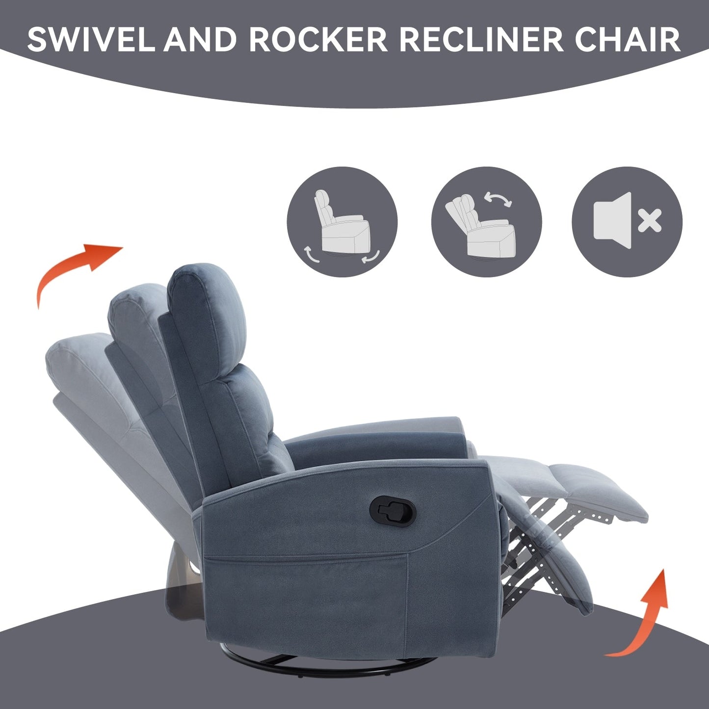 Fabric Rocker Recliner Chair with 360° Swivel Base, Manual Reclining Armchair with Side Lever, Comfortable Lounge Chair