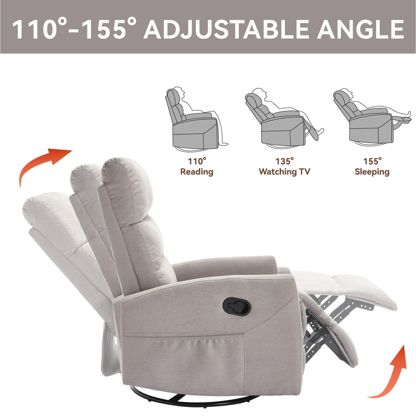 Fabric Rocker Recliner Chair with 360° Swivel Base, Manual Reclining Armchair with Side Lever, Comfortable Lounge Chair
