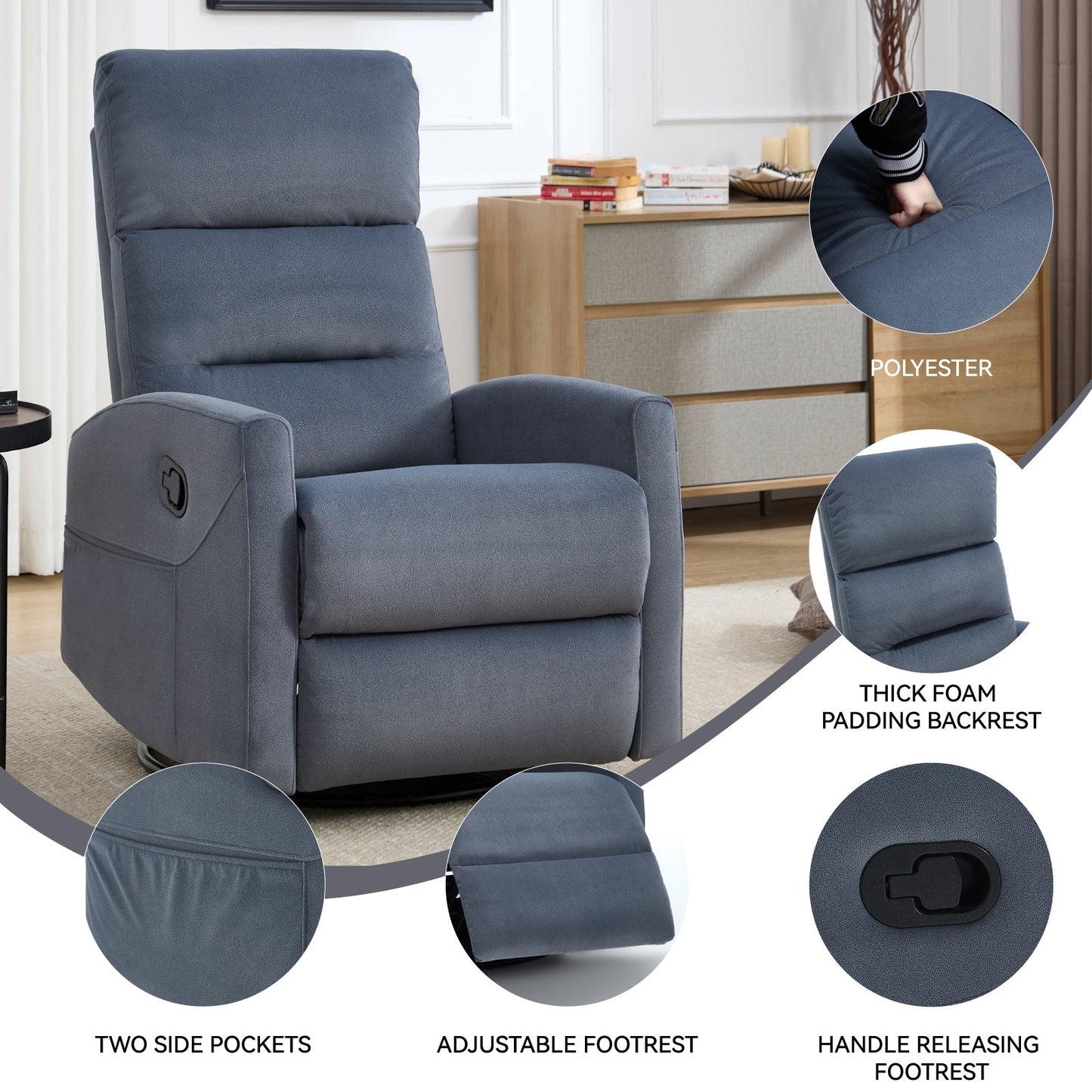 Fabric Rocker Recliner Chair with 360° Swivel Base, Manual Reclining Armchair with Side Lever, Comfortable Lounge Chair