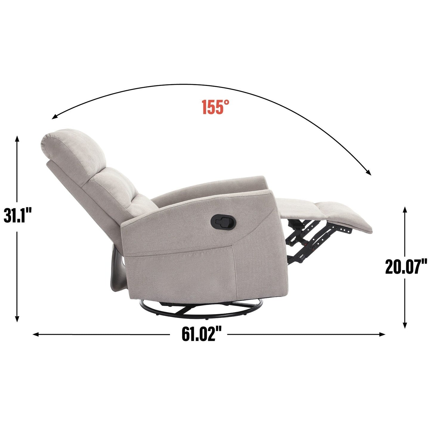 Fabric Rocker Recliner Chair with 360° Swivel Base, Manual Reclining Armchair with Side Lever, Comfortable Lounge Chair