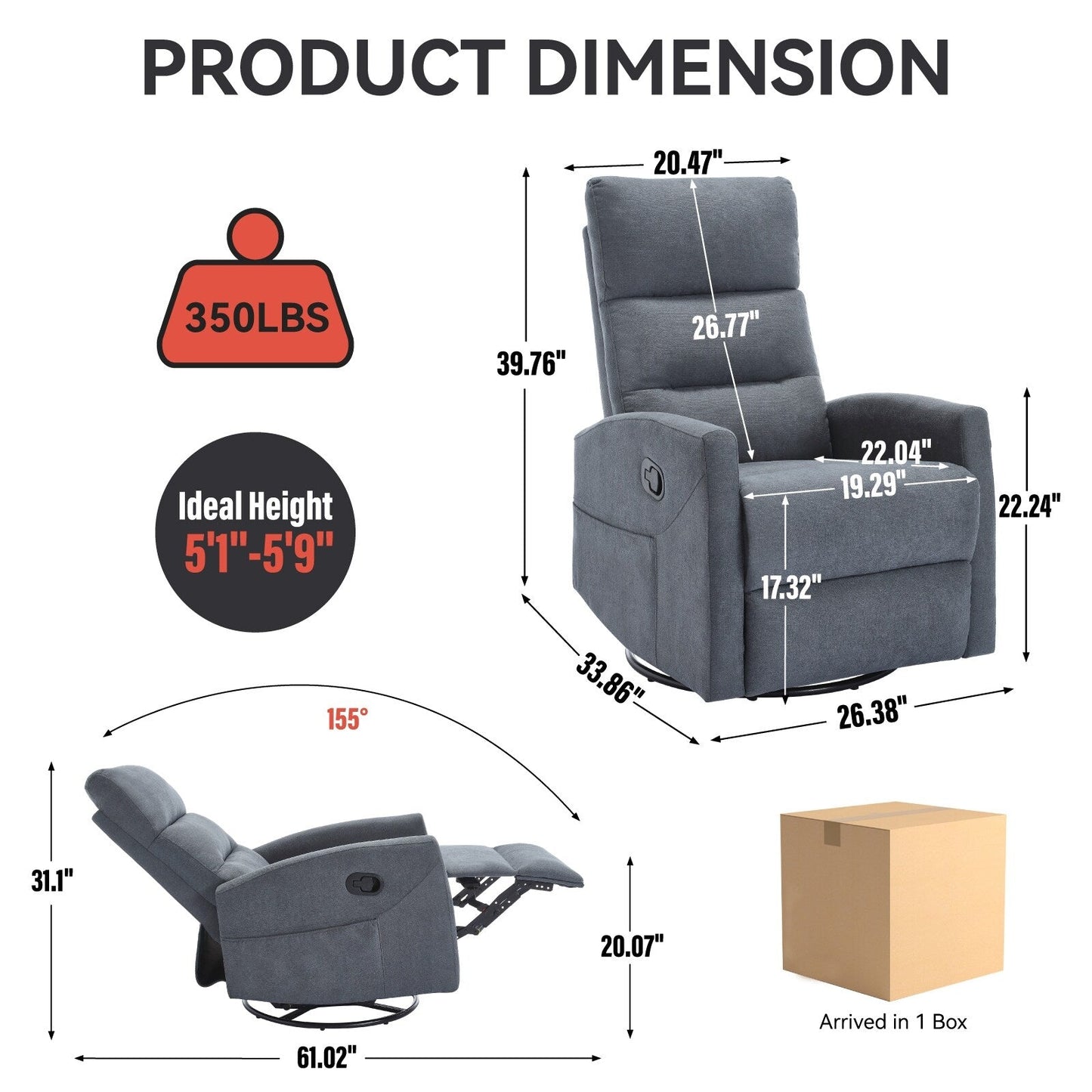 Fabric Rocker Recliner Chair with 360° Swivel Base, Manual Reclining Armchair with Side Lever, Comfortable Lounge Chair