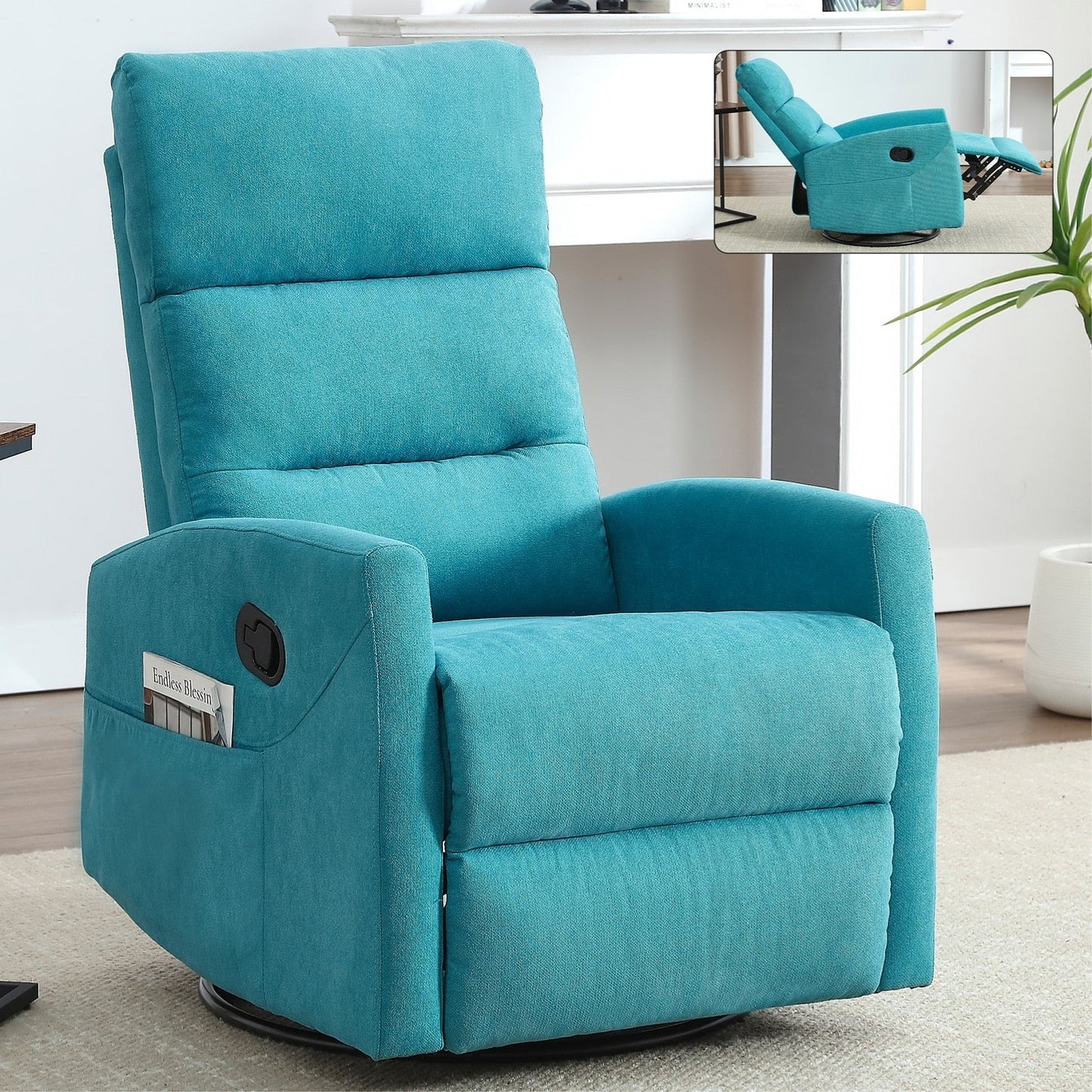 Fabric Rocker Recliner Chair with 360° Swivel Base, Manual Reclining Armchair with Side Lever, Comfortable Lounge Chair