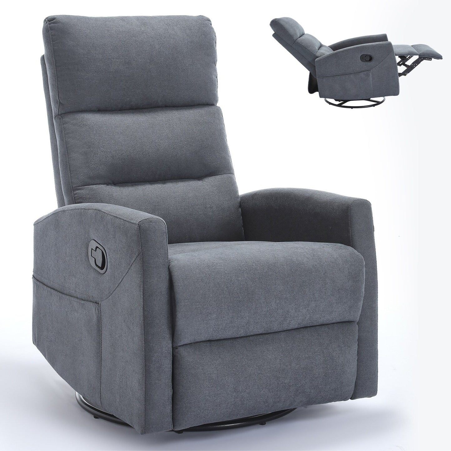 Fabric Rocker Recliner Chair with 360° Swivel Base, Manual Reclining Armchair with Side Lever, Comfortable Lounge Chair