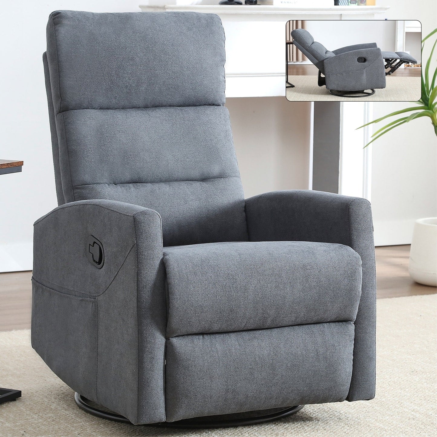 Fabric Rocker Recliner Chair with 360° Swivel Base, Manual Reclining Armchair with Side Lever, Comfortable Lounge Chair