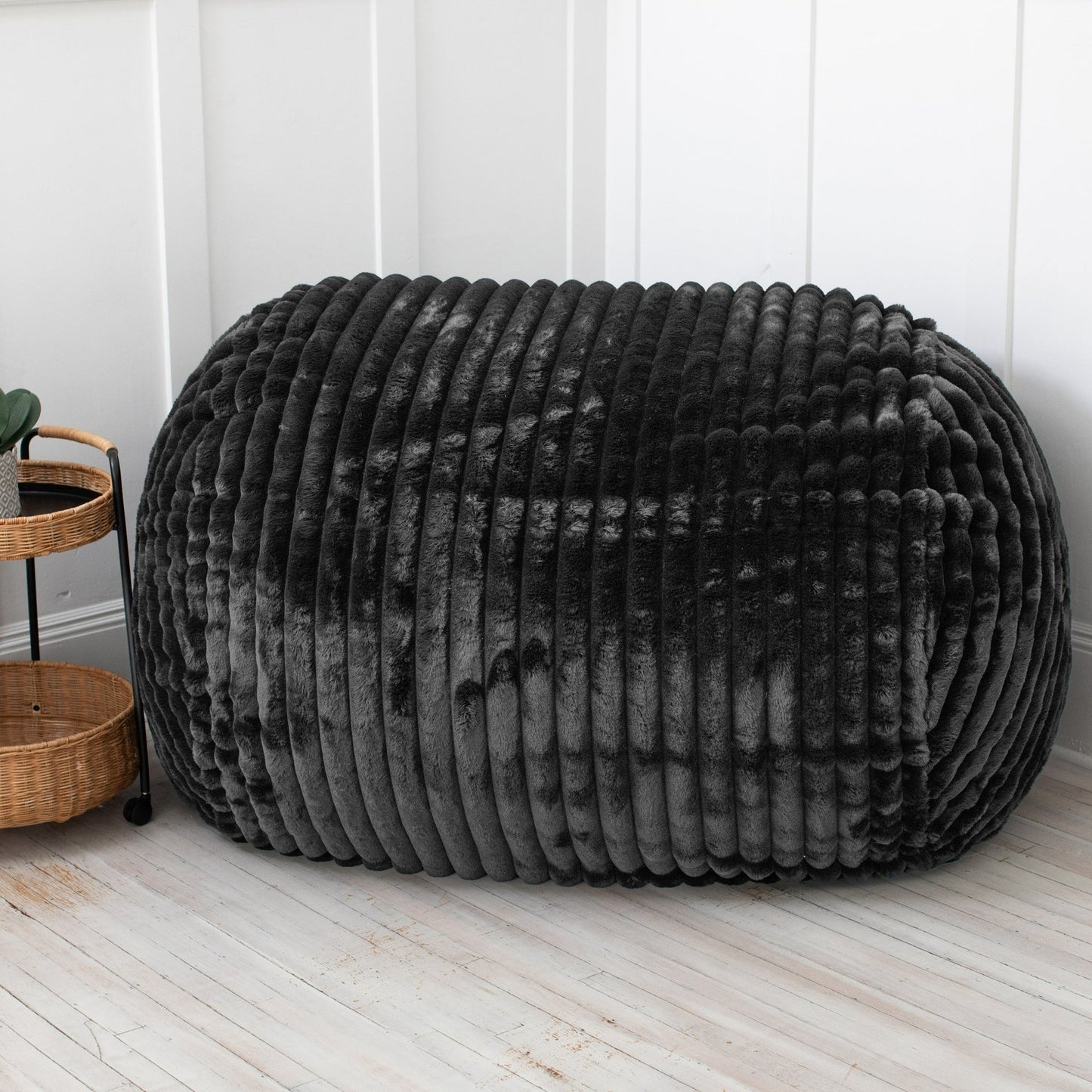 Faux Fur Ribbed Bean Bag Loveseat - 64 - Black