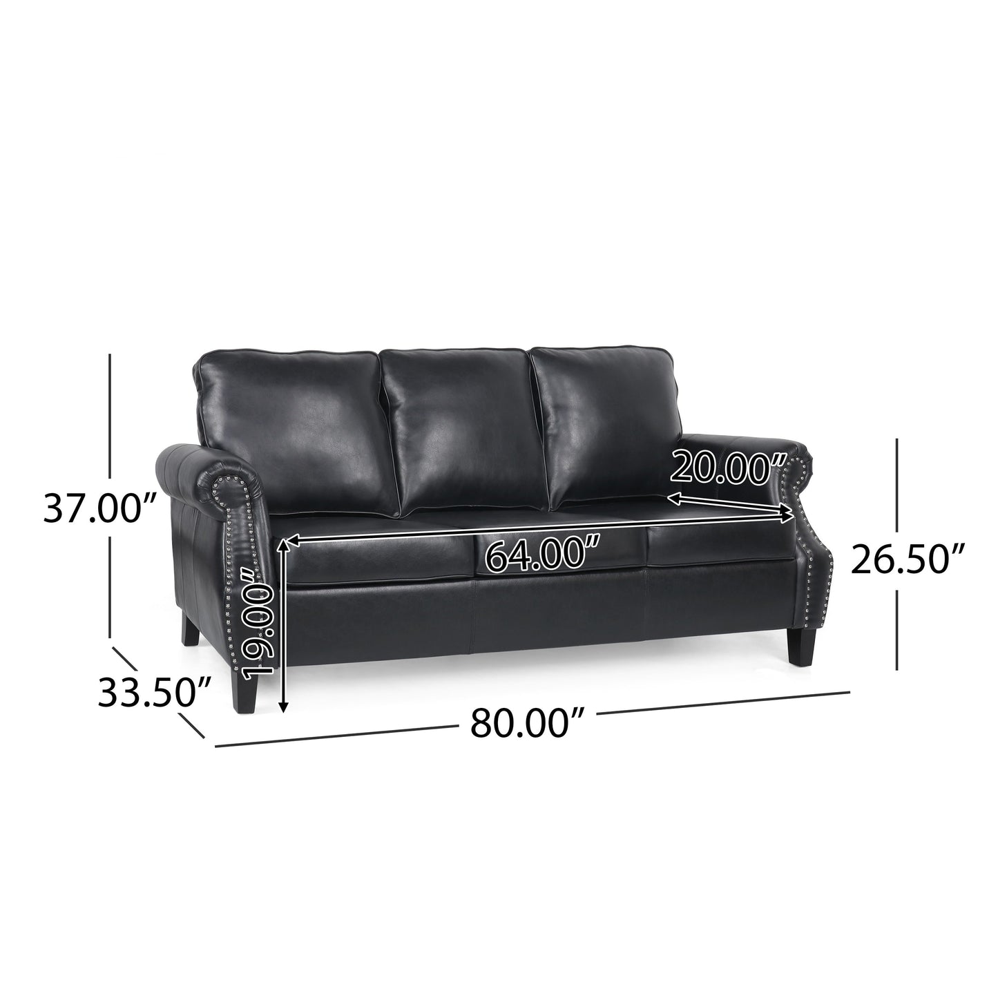 Faux Leather 3-seater Sofa with Birch Wood Legs and Nailheads
