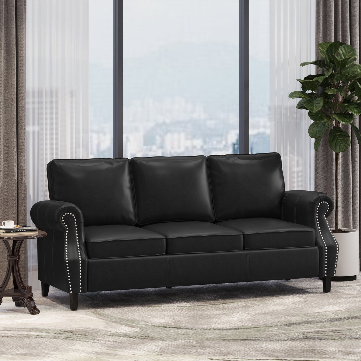 Faux Leather 3-seater Sofa with Birch Wood Legs and Nailheads