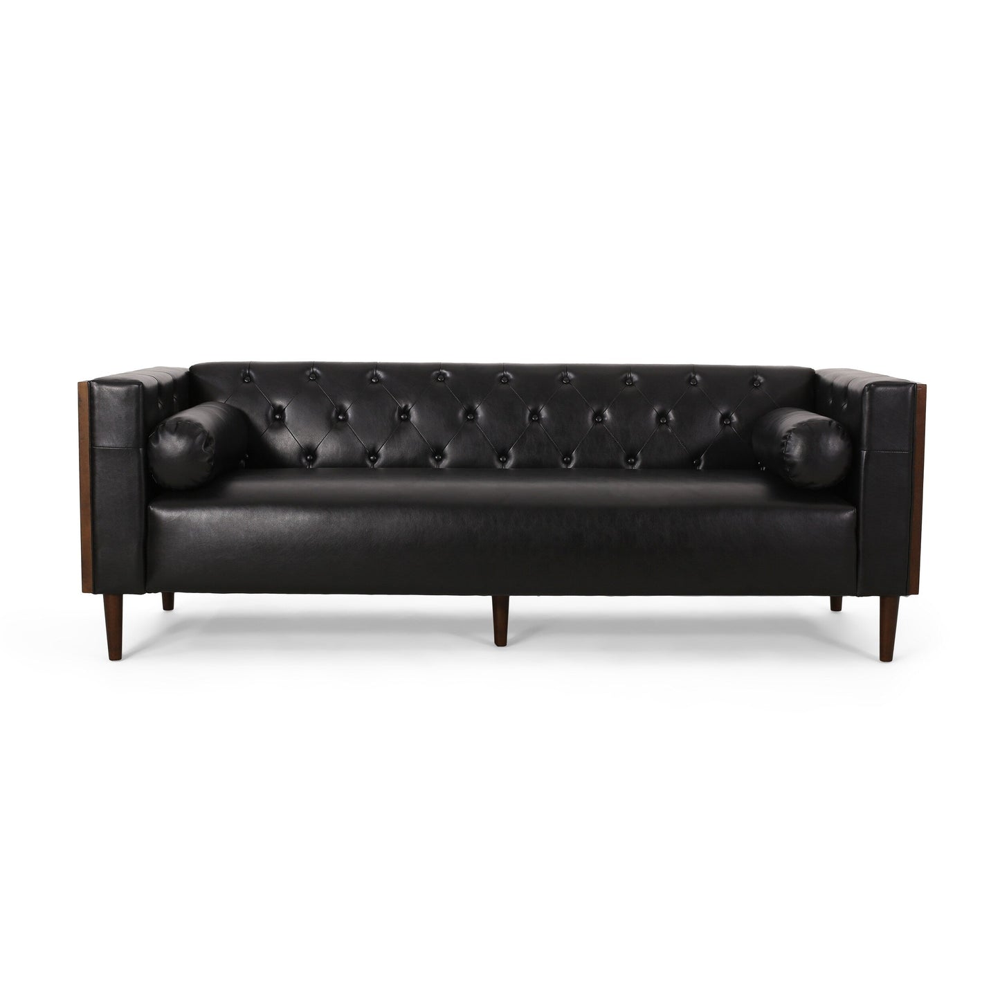 Faux Leather Button Tufted 3-seater Sofa with Birch Wood Legs