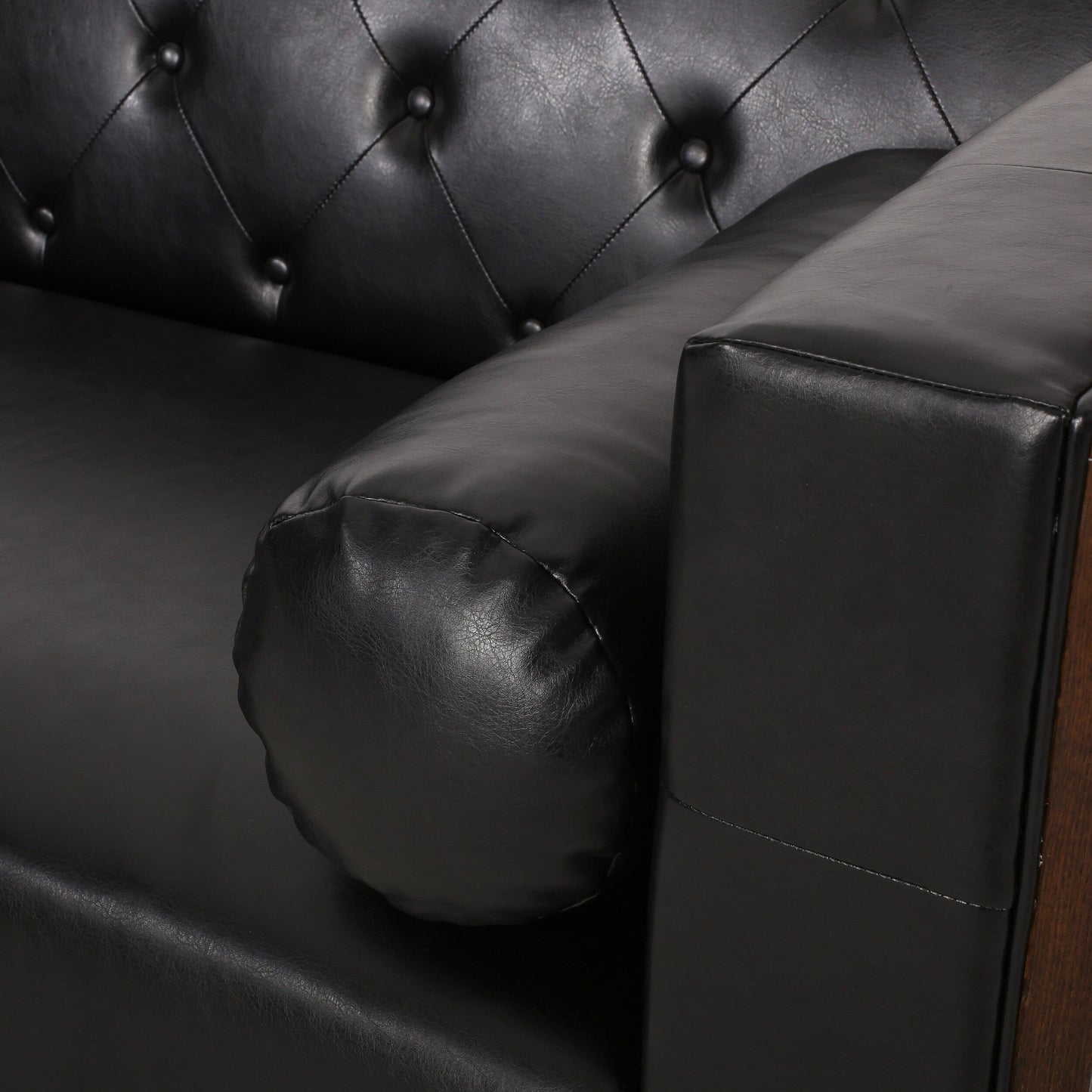 Faux Leather Button Tufted 3-seater Sofa with Birch Wood Legs