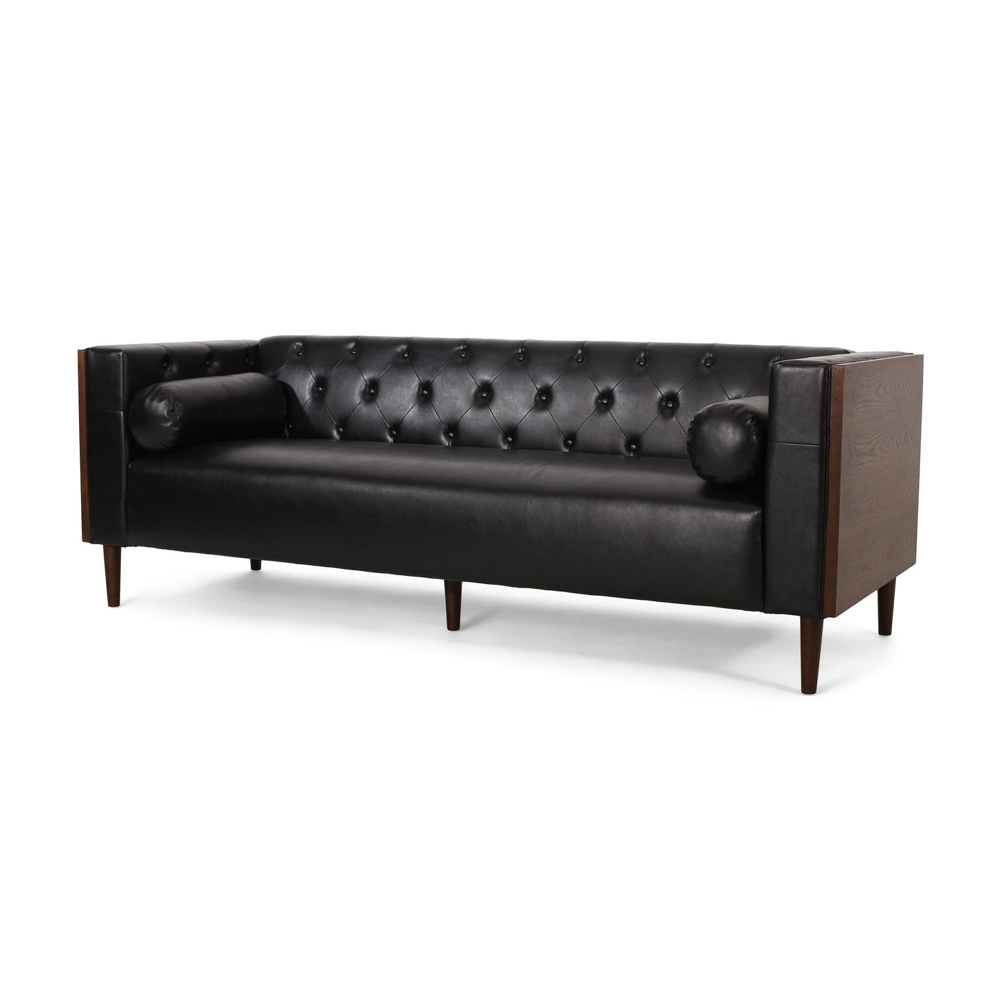 Faux Leather Button Tufted 3-seater Sofa with Birch Wood Legs