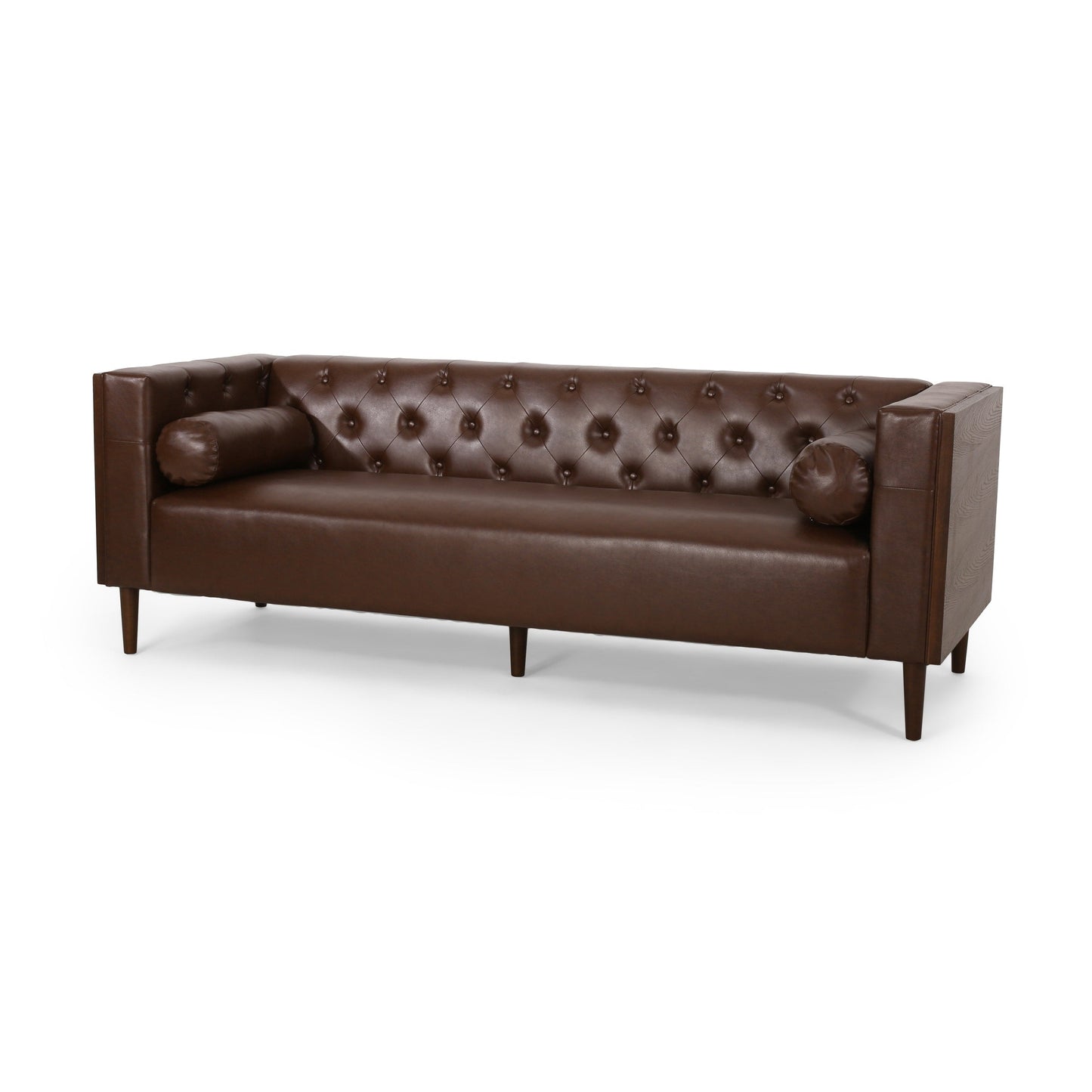 Faux Leather Button Tufted 3-seater Sofa with Birch Wood Legs