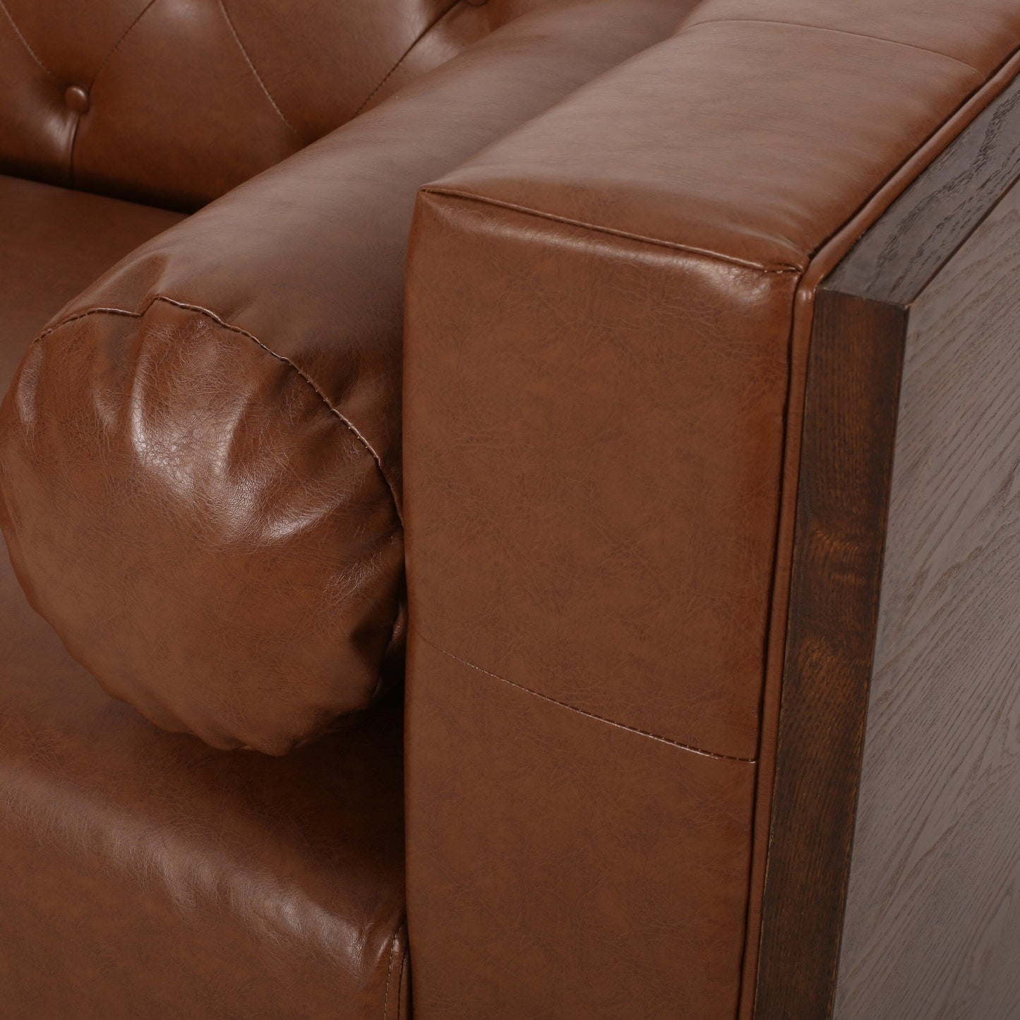 Faux Leather Button Tufted 3-seater Sofa with Birch Wood Legs