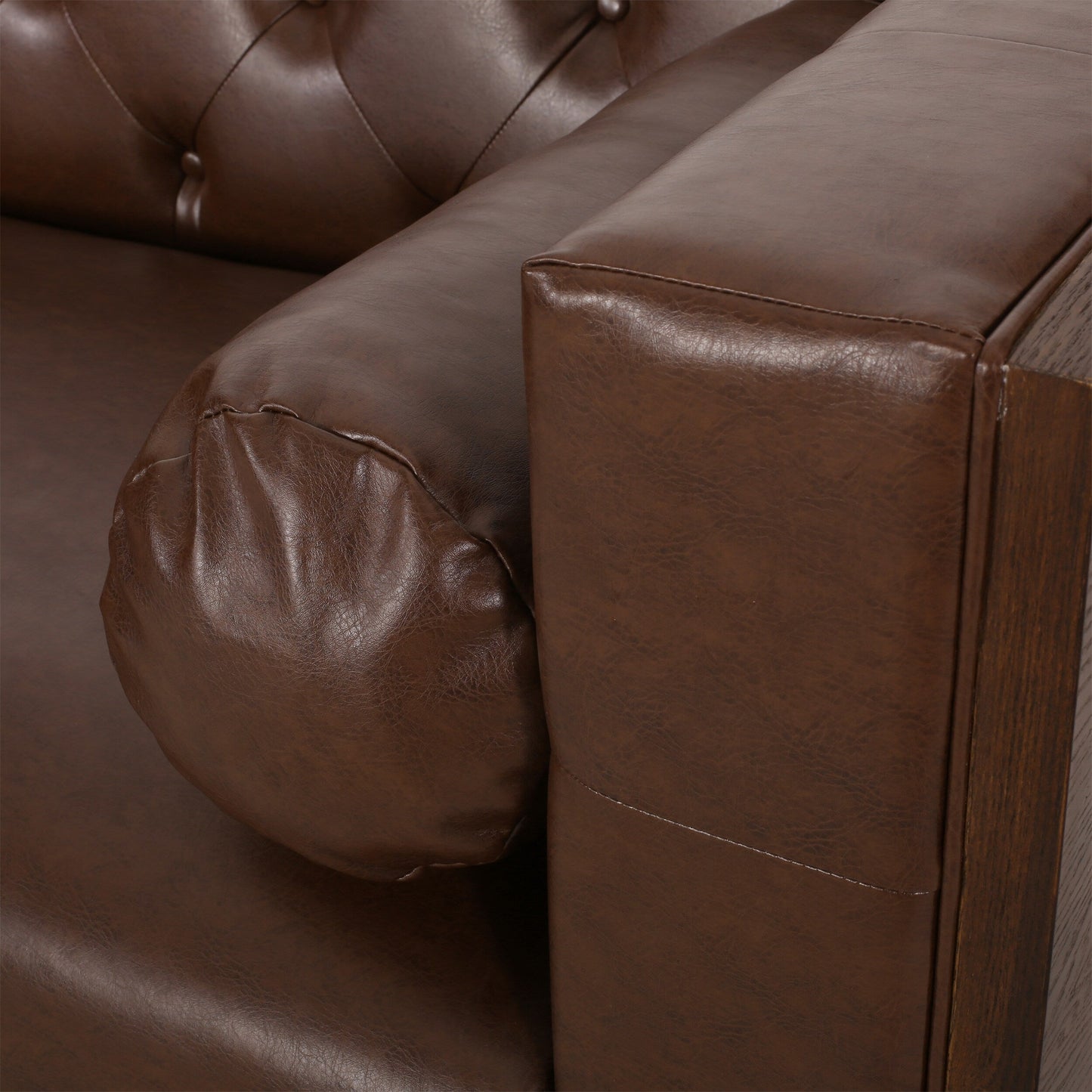 Faux Leather Button Tufted 3-seater Sofa with Birch Wood Legs