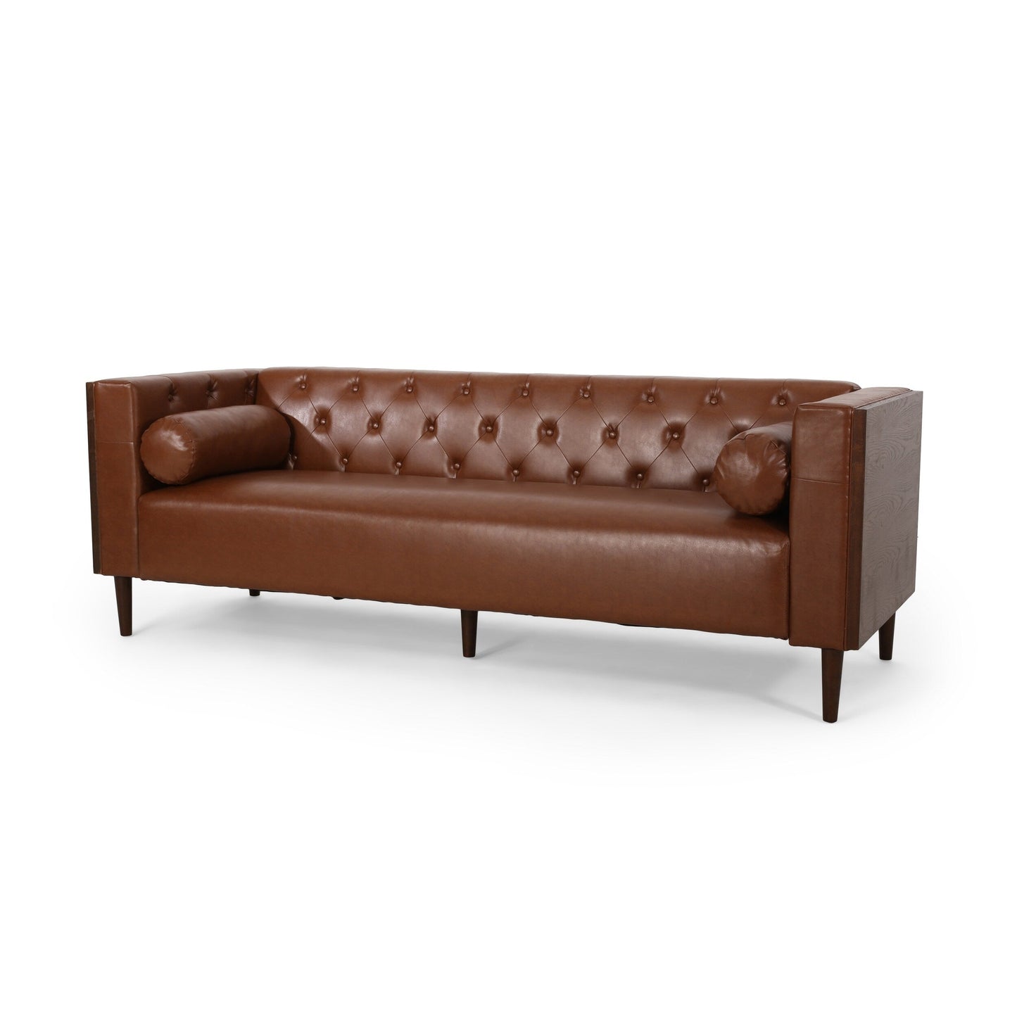 Faux Leather Button Tufted 3-seater Sofa with Birch Wood Legs