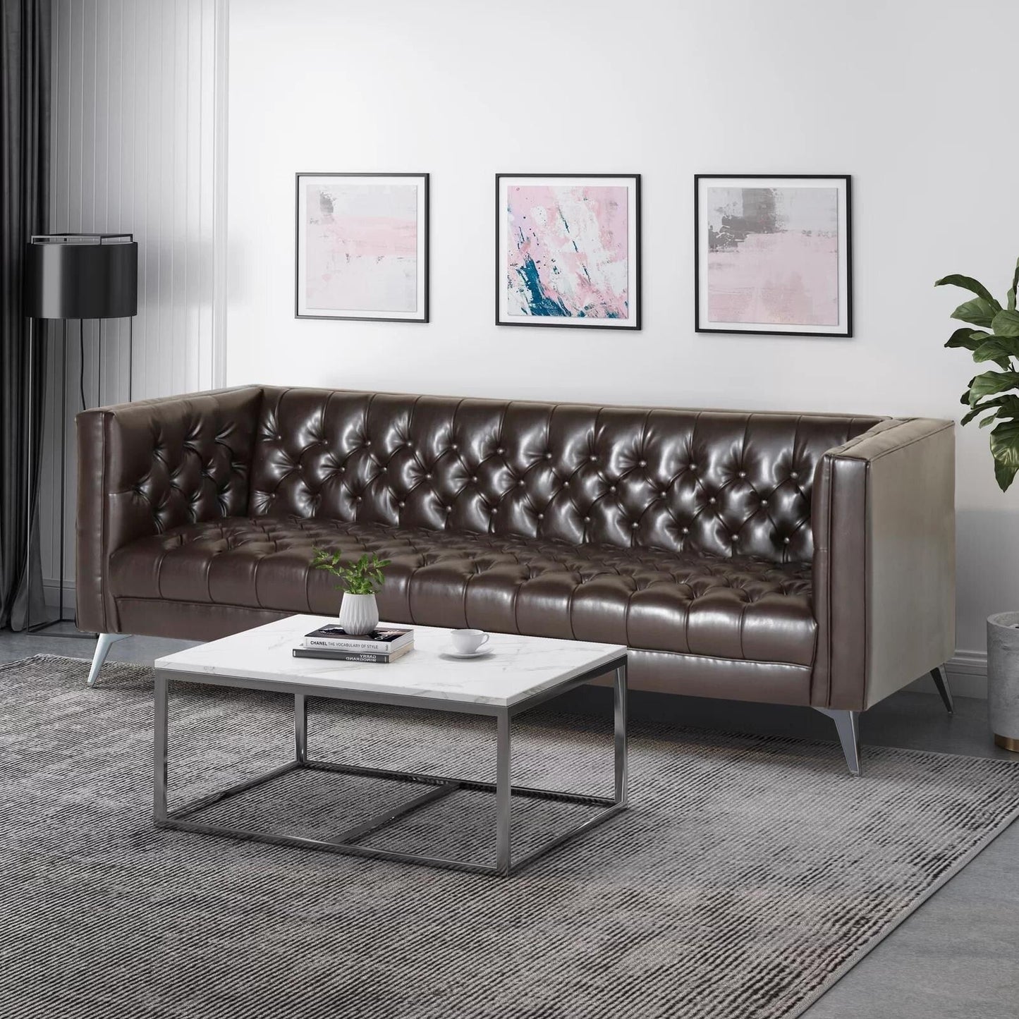 Faux Leather Button Tufted 3-seater Sofa with T-shaped Iron Legs