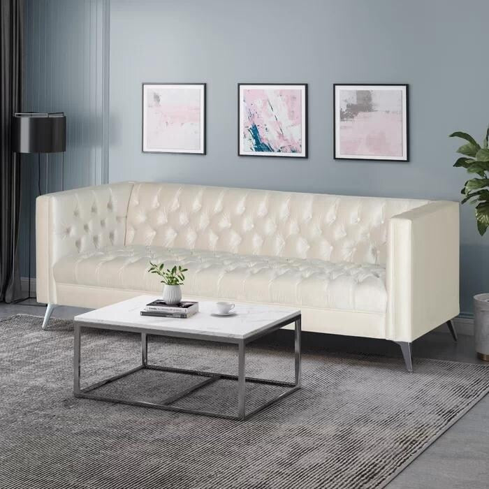 Faux Leather Button Tufted 3-seater Sofa with T-shaped Iron Legs