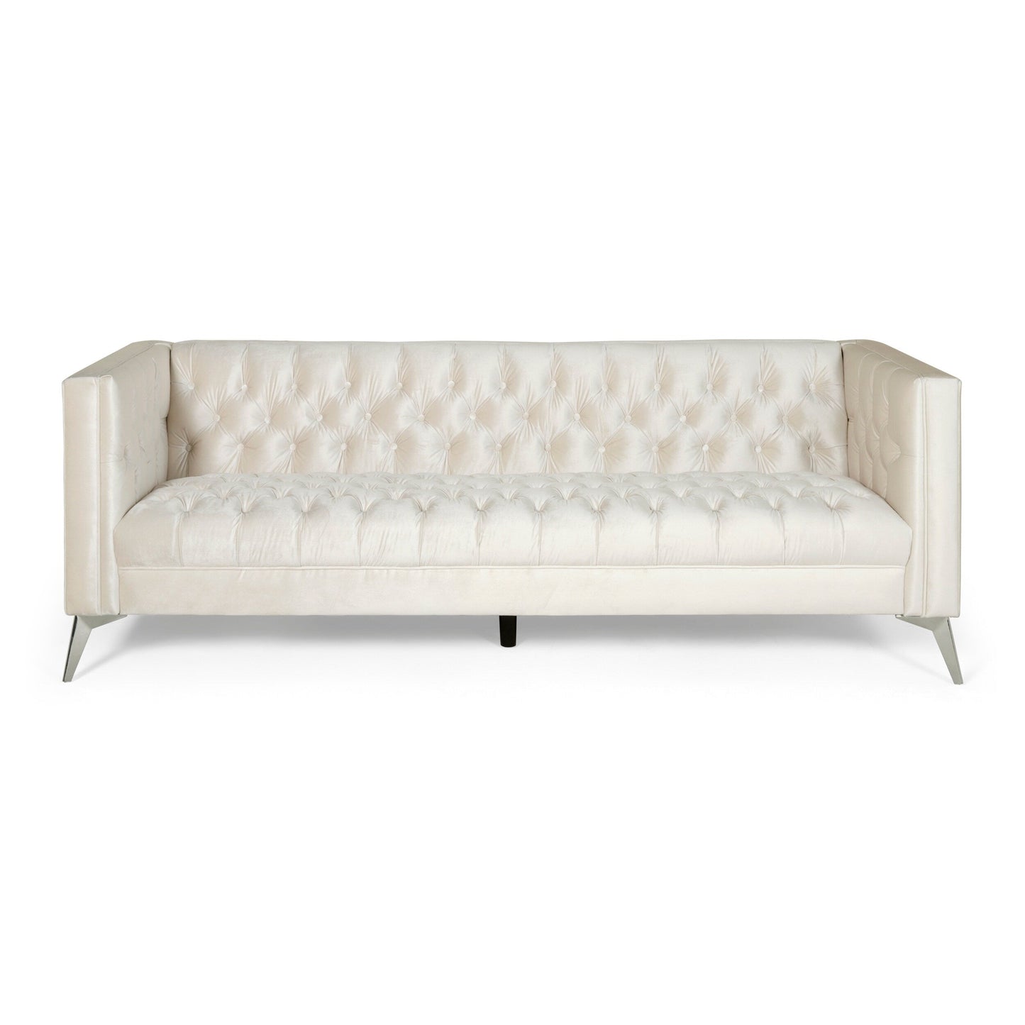 Faux Leather Button Tufted 3-seater Sofa with T-shaped Iron Legs