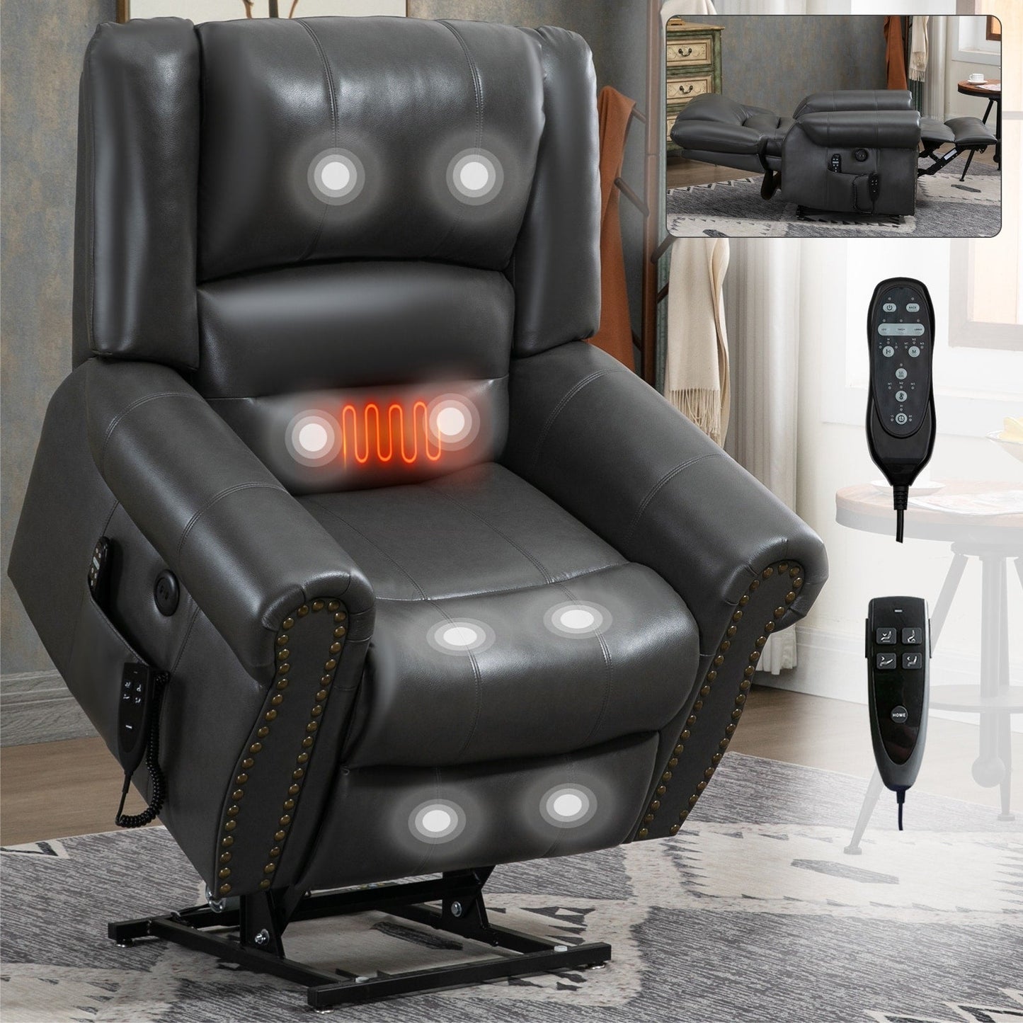 Faux Leather Dual Motor Power Lift Recliner Chair with Heat Massage, USB Ports, and Infinite Recline Positions