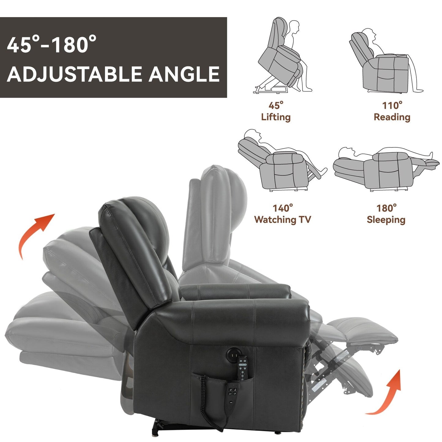 Faux Leather Dual Motor Power Lift Recliner Chair with Heat Massage, USB Ports, and Infinite Recline Positions