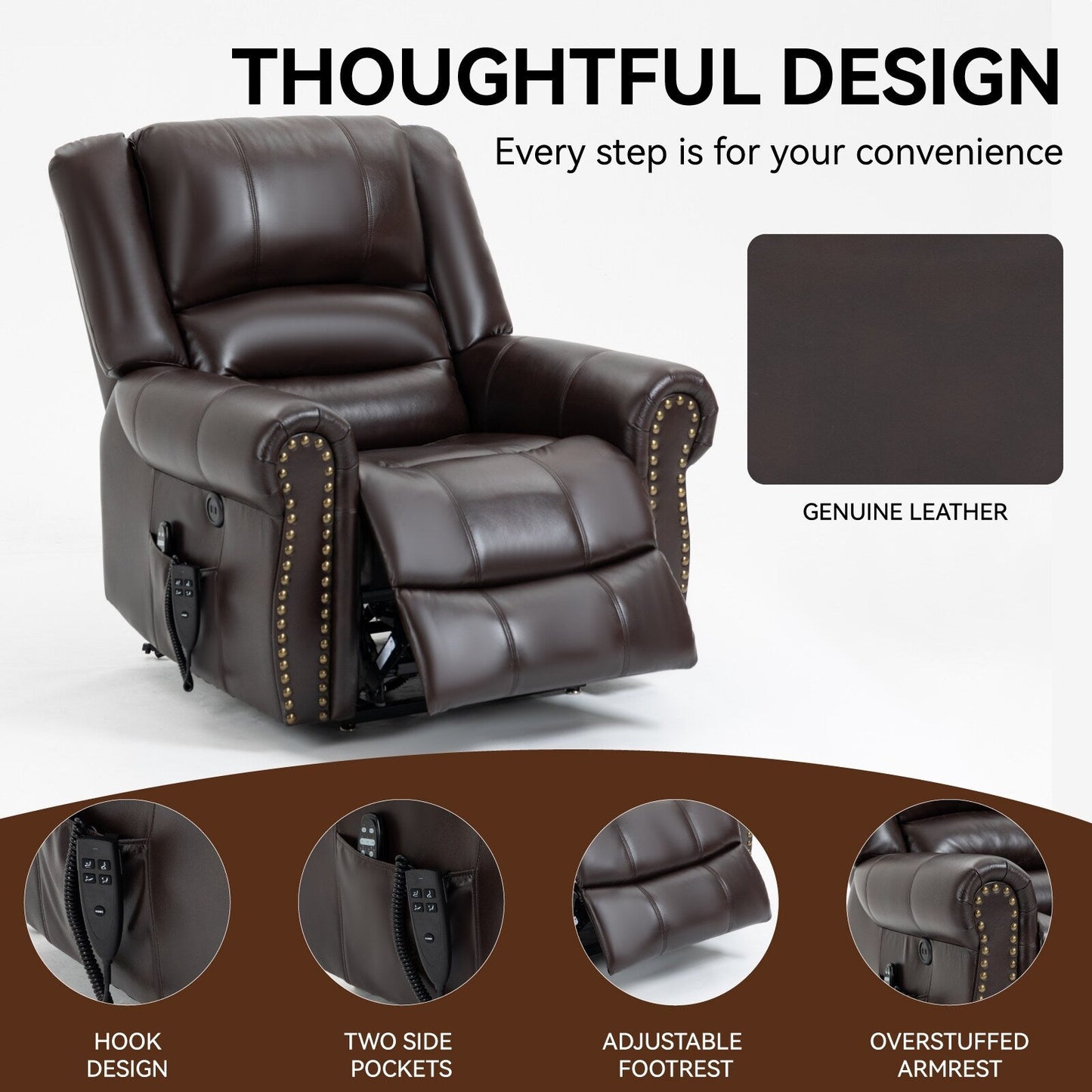 Faux Leather Dual Motor Power Lift Recliner Chair with Heat Massage, USB Ports, and Infinite Recline Positions