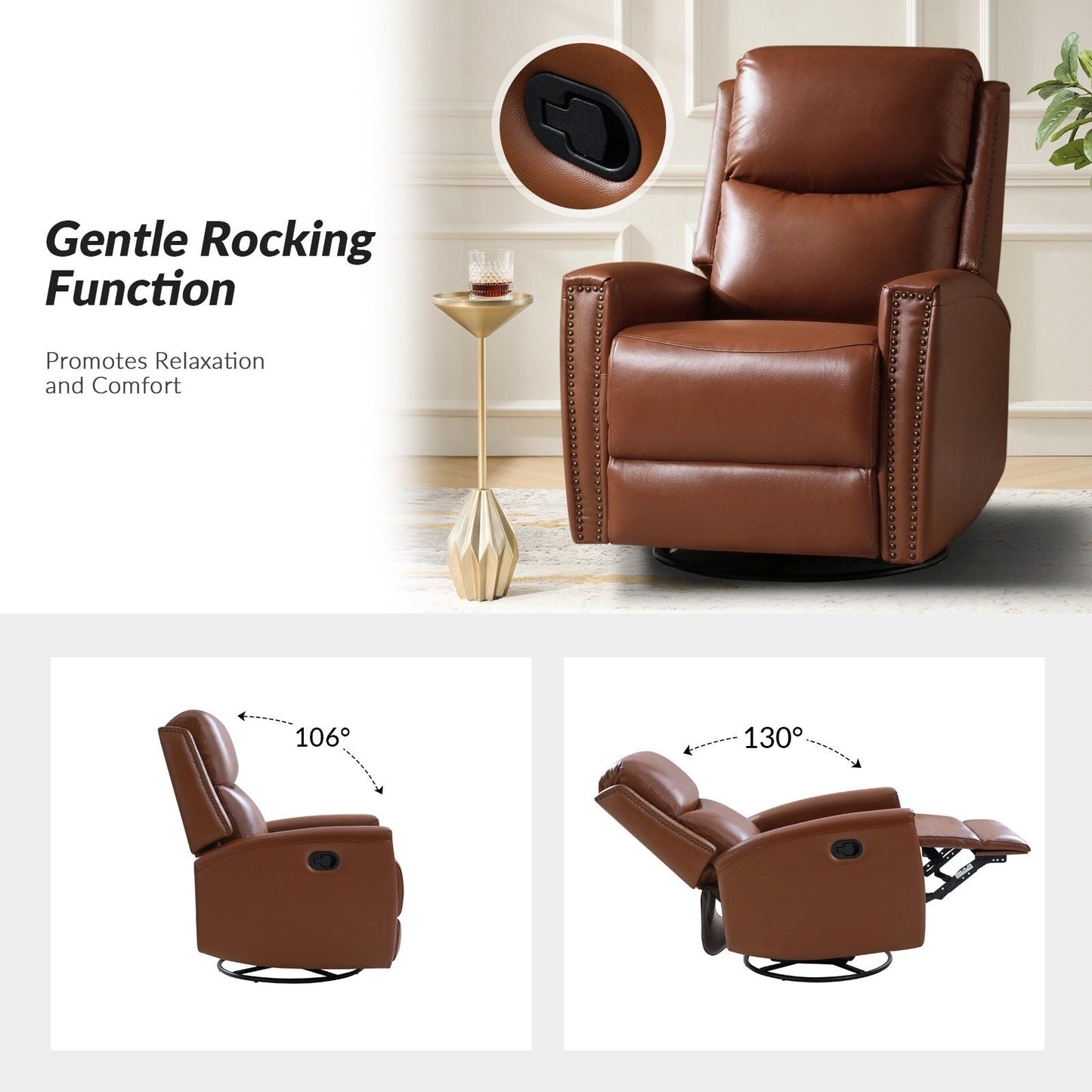 Fiacro 30.31Wide Modern Genuine Leather Wingback Swivel Rocker Recliner with Nailhead Trims