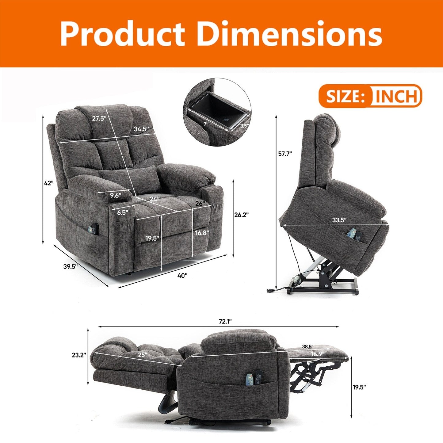 Flagship Dual Motor 26 Oversized Chenille Power Lift Recliner Chair